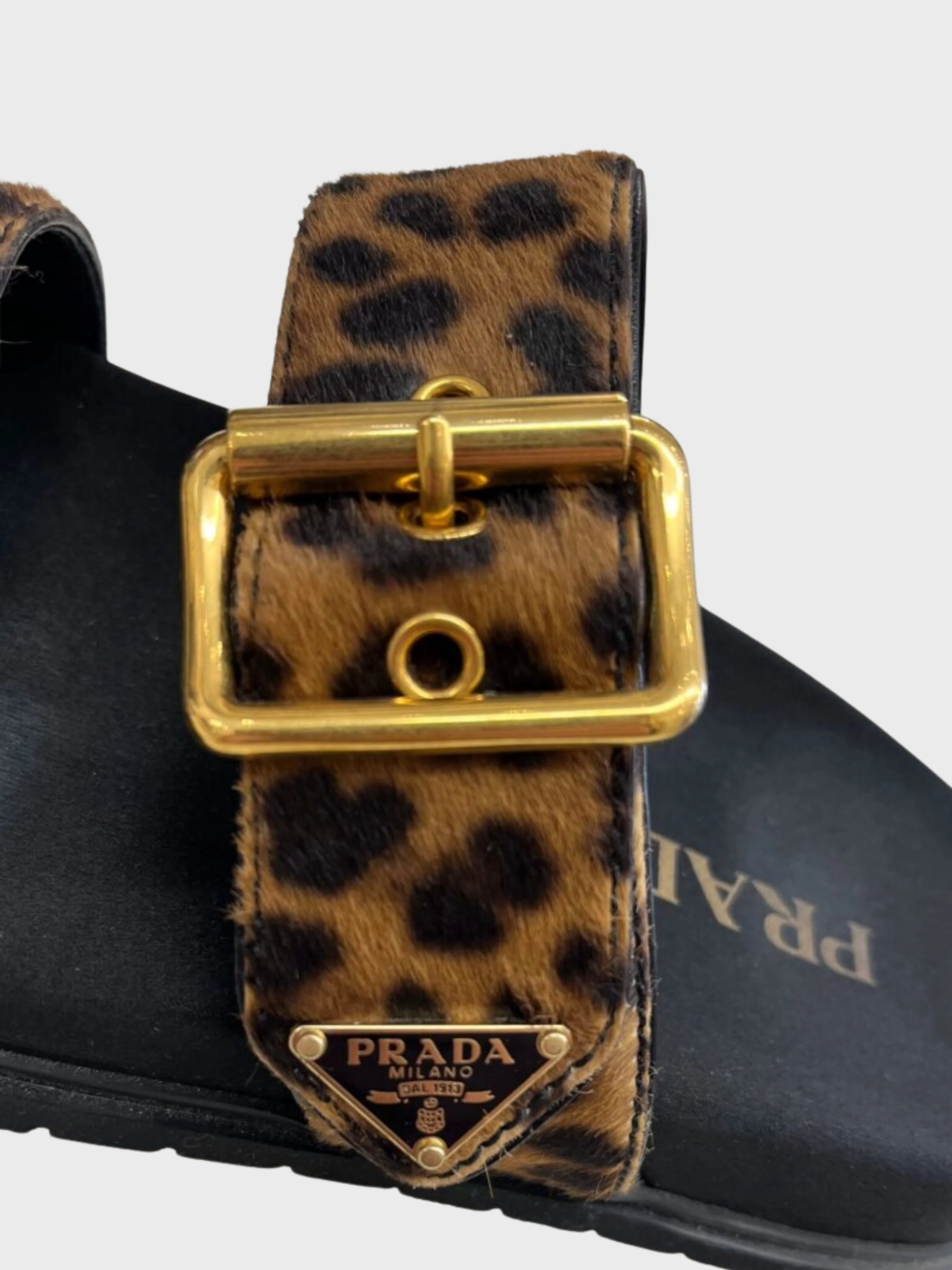 Prada 2010s Leopard Pony Hair Triangle Logo Sandals - Image 4