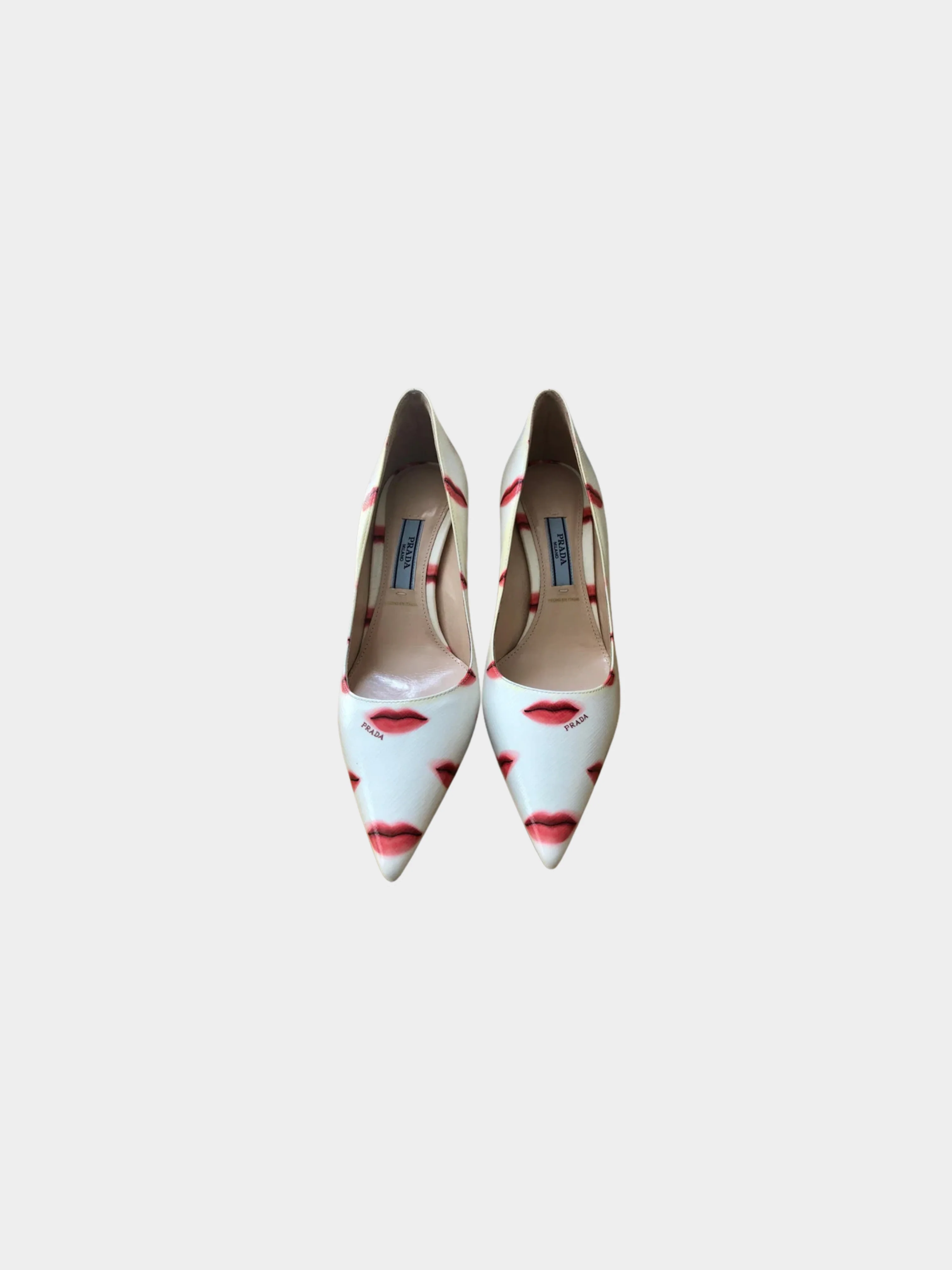 Prada 2016 Beige Leather with Red Lip Print Point Toe Pump Heels - Image 2