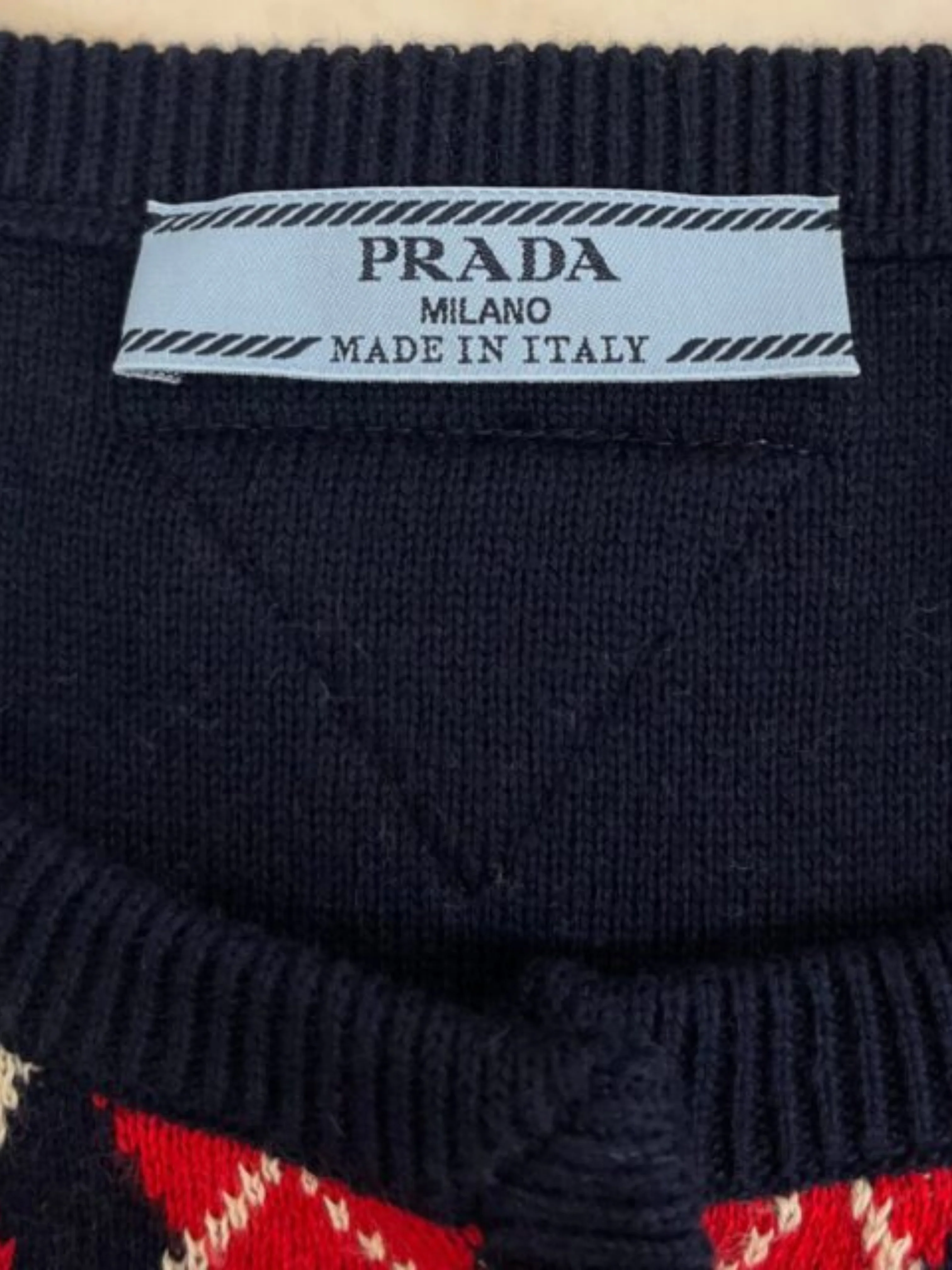 Prada 2020s Cream Navy Red Cotton Argyle Intarsia Cardigan - Image 3