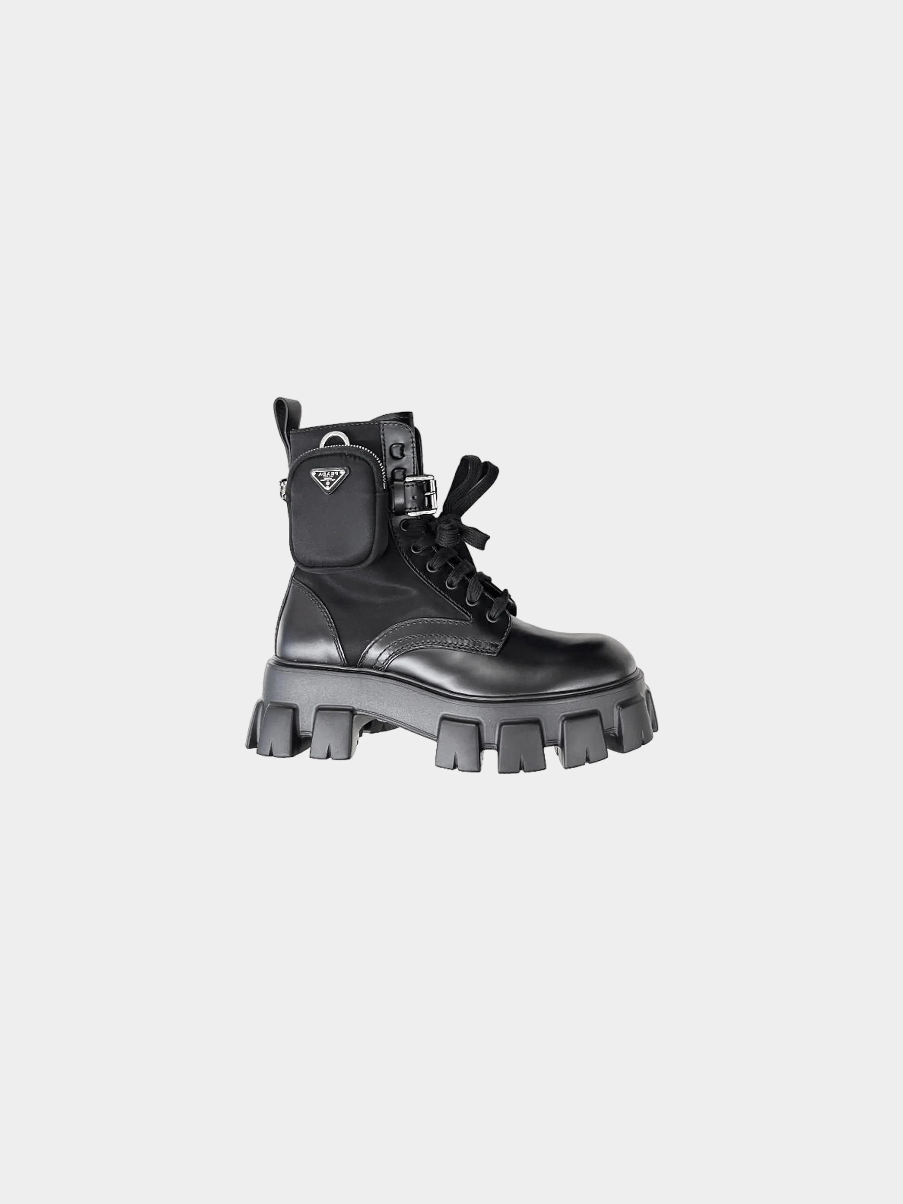 Prada 2022 Black Brushed Leather and Re-nylon Trim Monolith Boots with Pouches