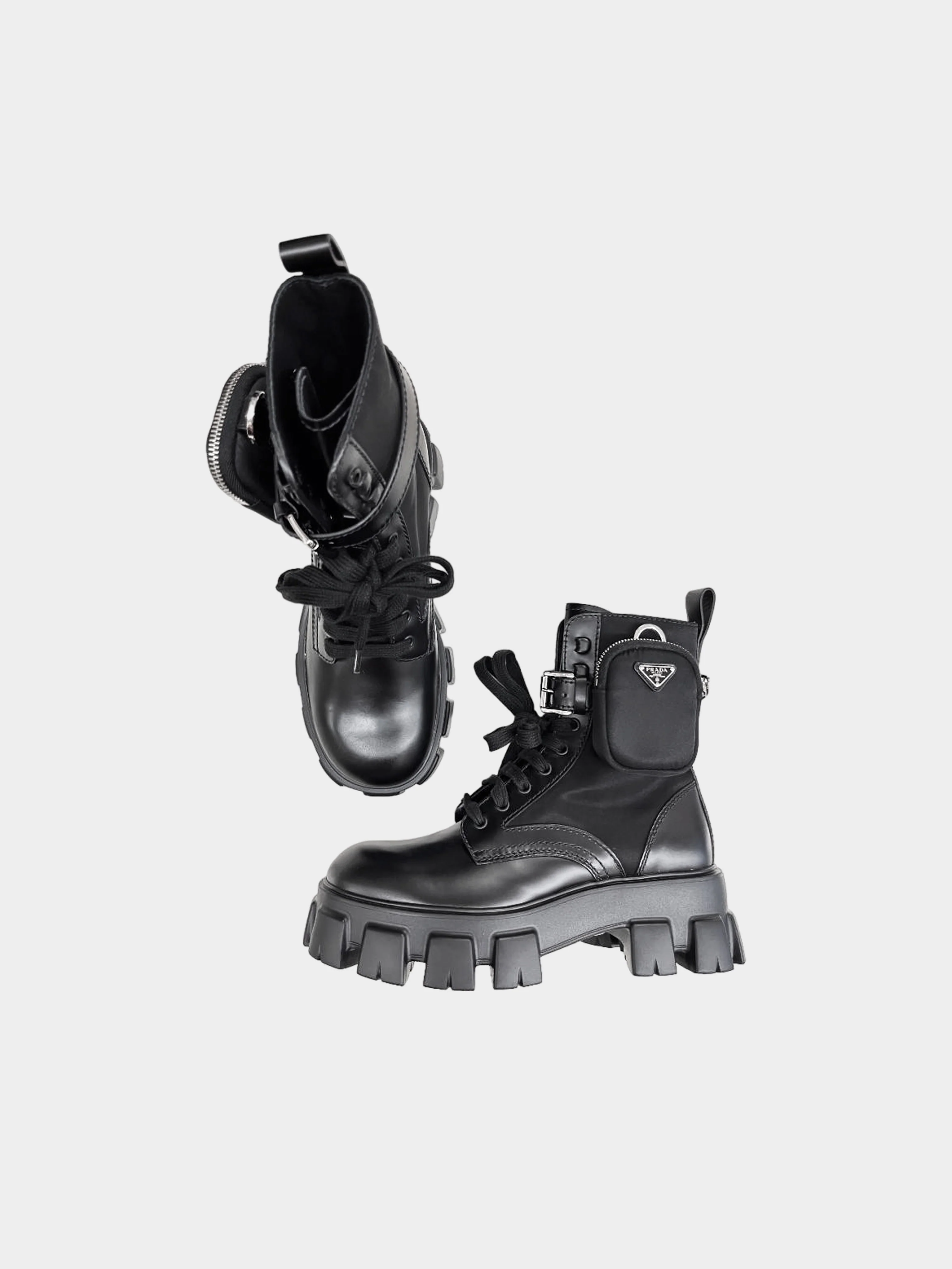 Prada 2022 Black Brushed Leather and Re-nylon Trim Monolith Boots with Pouches - Image 2