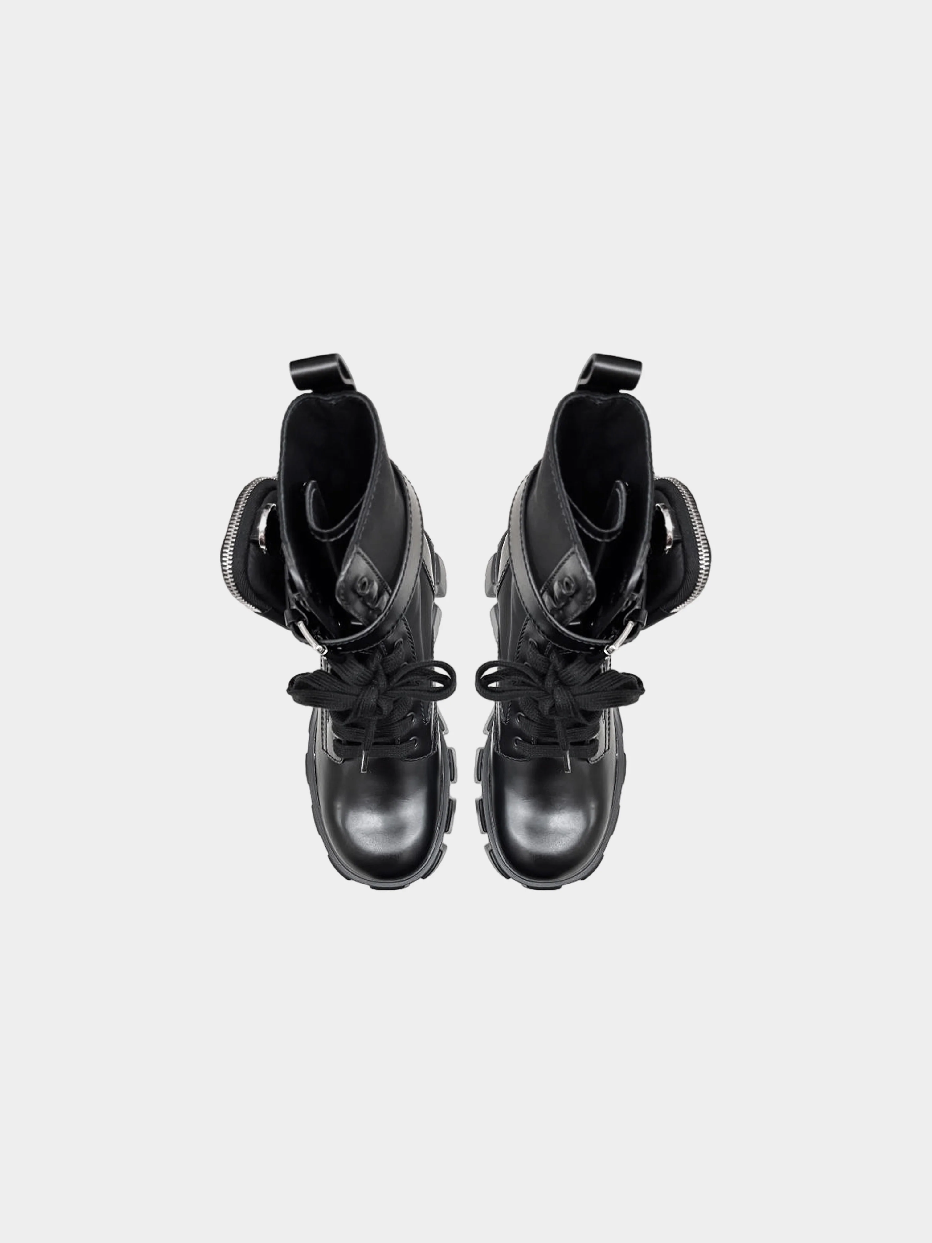Prada 2022 Black Brushed Leather and Re-nylon Trim Monolith Boots with Pouches - Image 3
