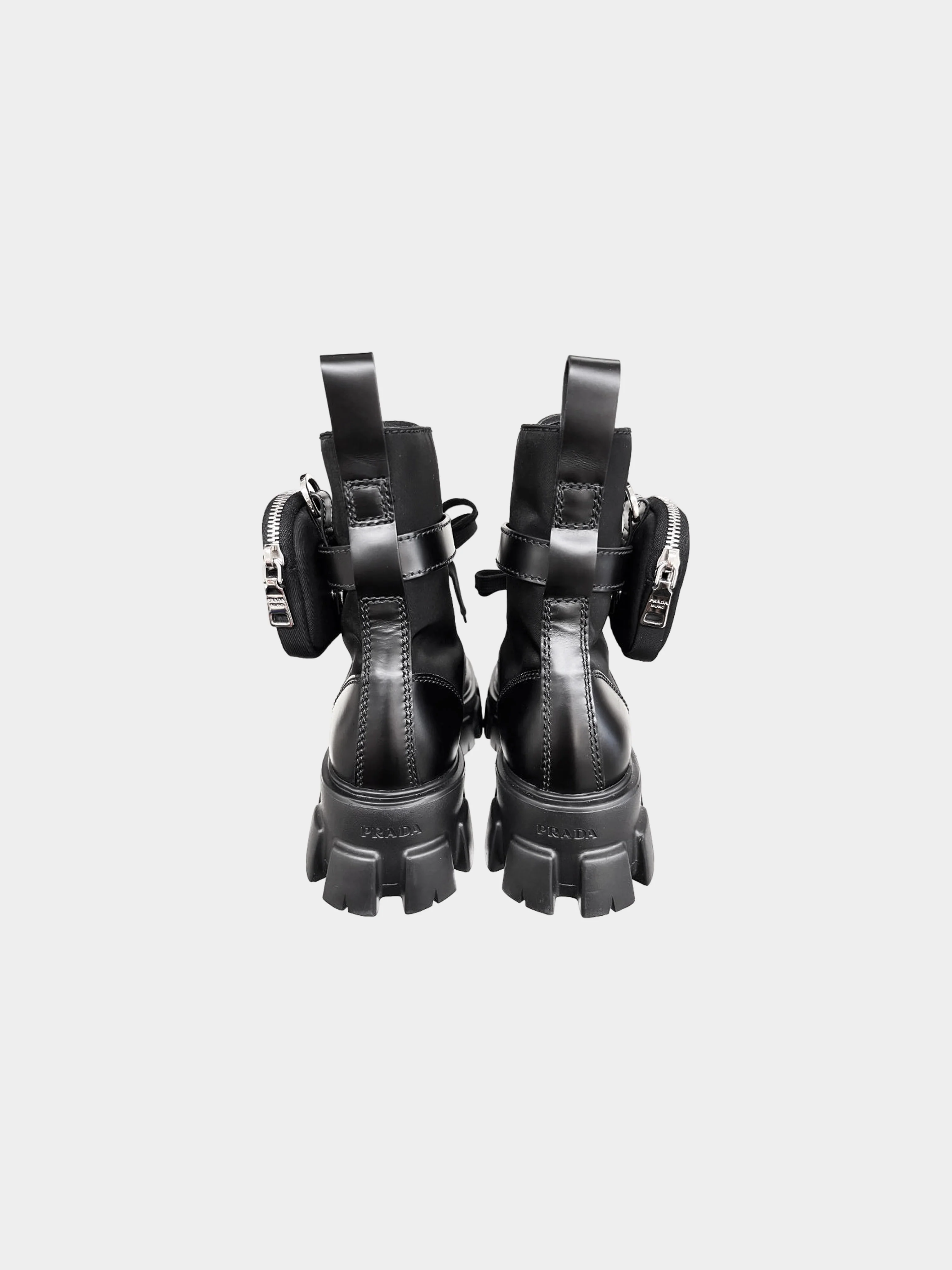 Prada 2022 Black Brushed Leather and Re-nylon Trim Monolith Boots with Pouches - Image 4