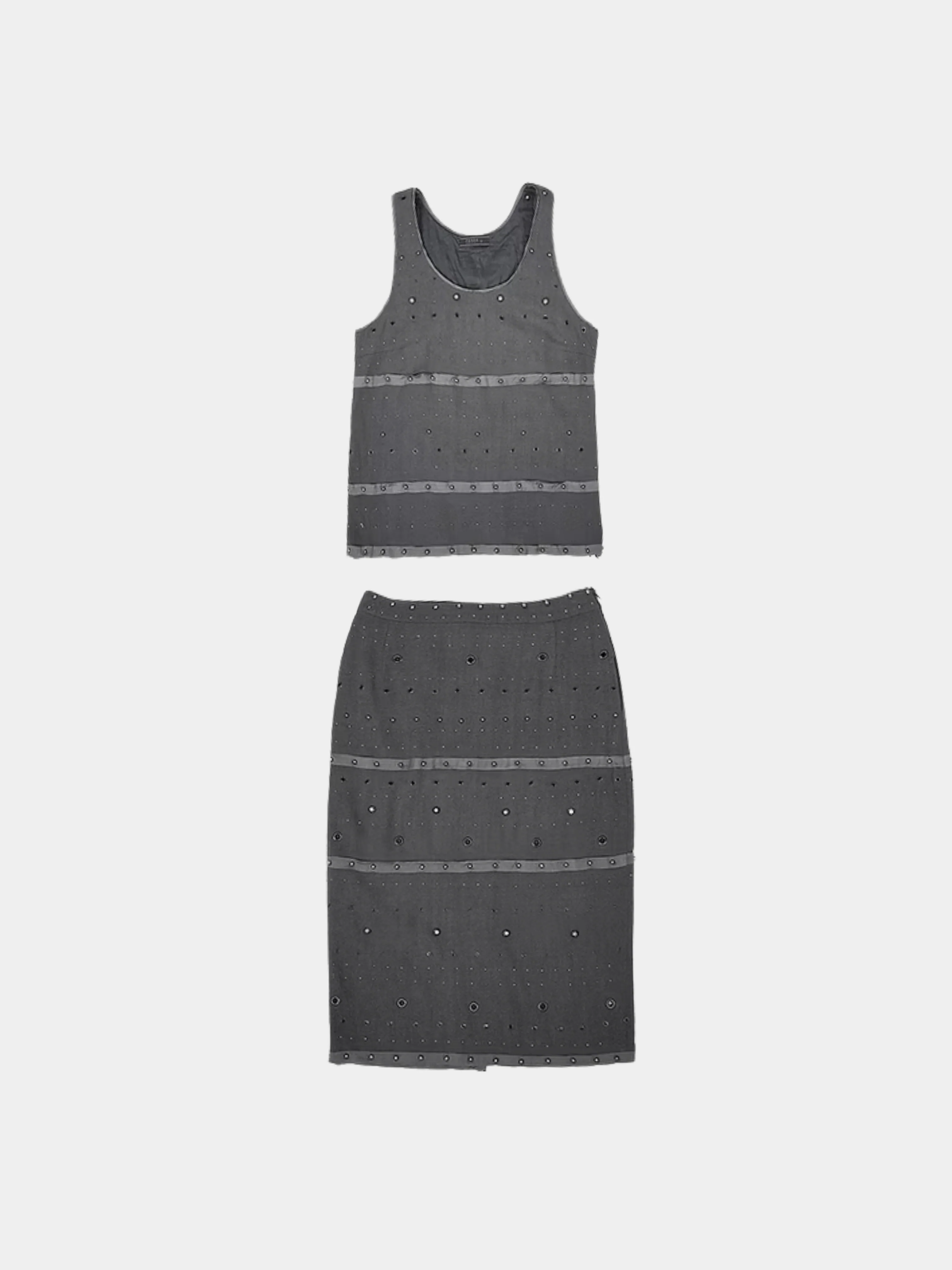 Prada FW 1999 Grey Studded Sleeveless Top and Skirt Set