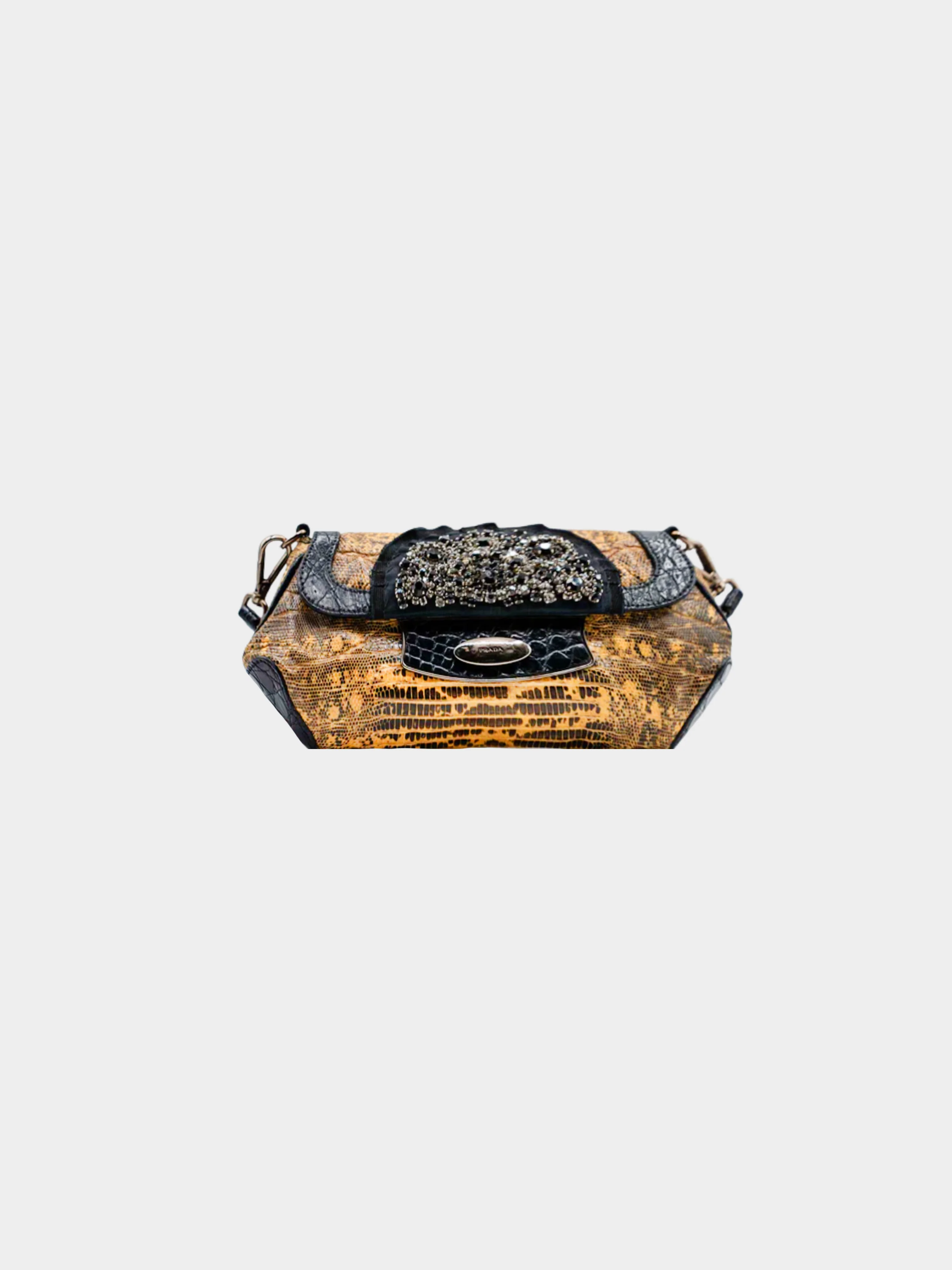Prada FW 2004 Brown Lizard and Crocodile Crystal Embellished Skipper Shoulder Bag
