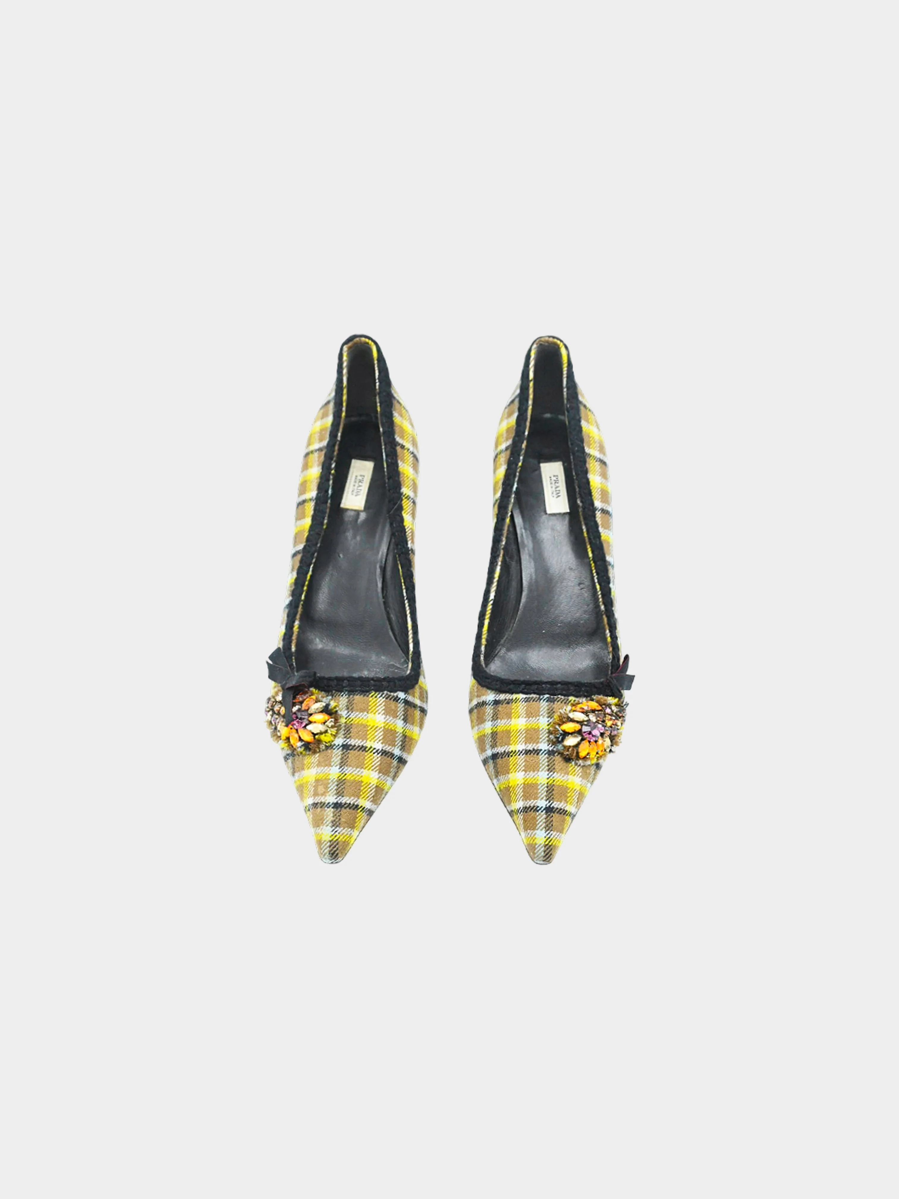 Prada Mid-2000s Green and Brown Prince of Wales Wool Pumps - Image 2