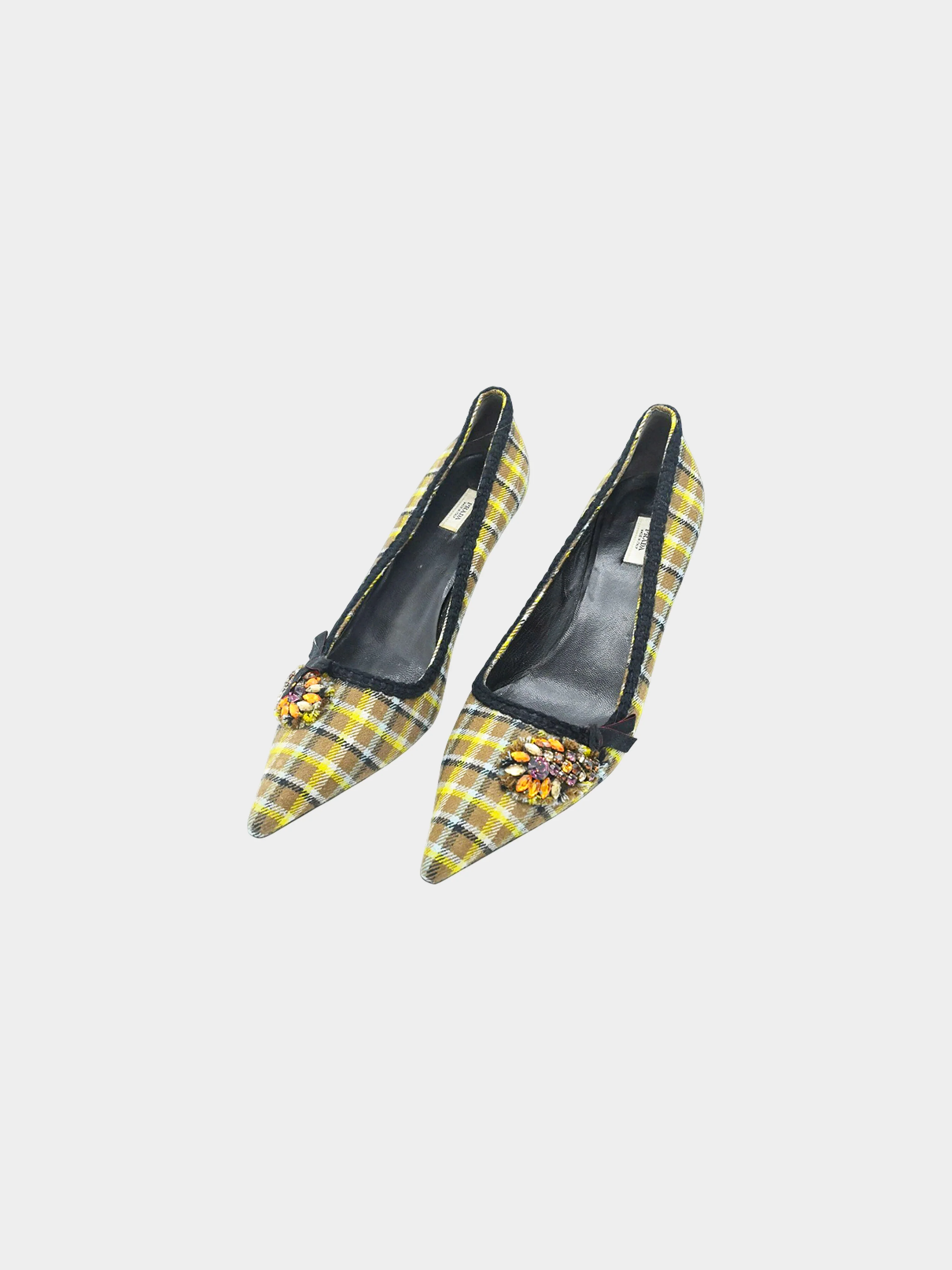 Prada Mid-2000s Green and Brown Prince of Wales Wool Pumps - Image 3
