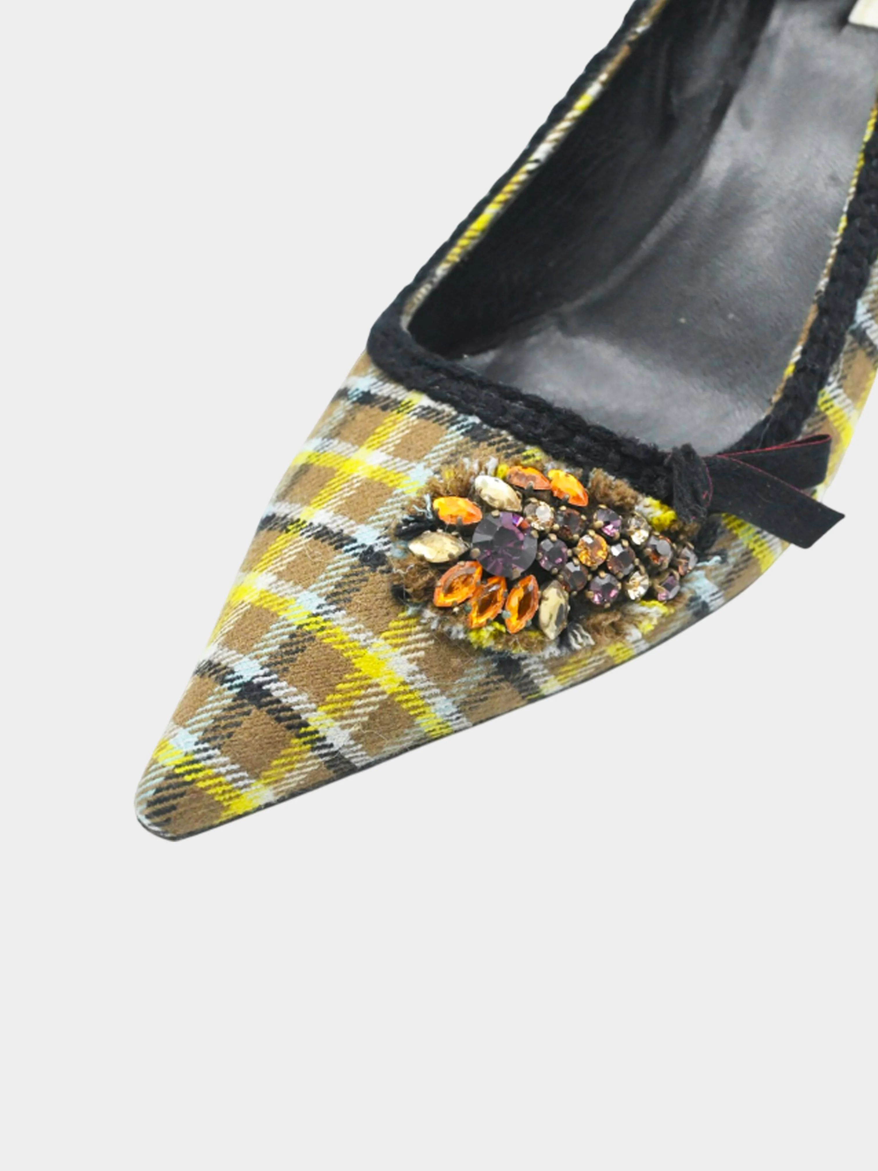 Prada Mid-2000s Green and Brown Prince of Wales Wool Pumps - Image 4