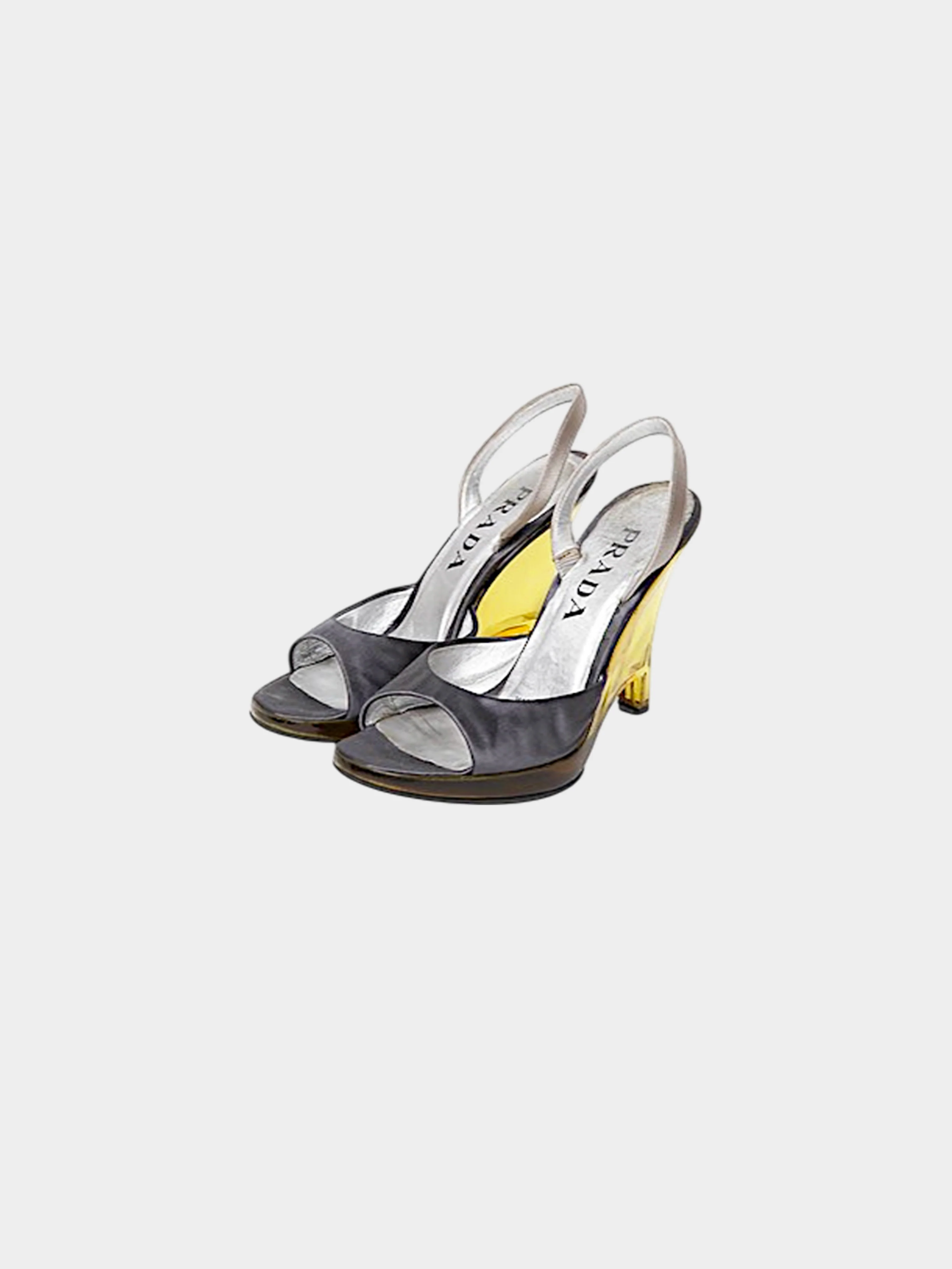Prada SS 1998 Silver Metallic Leather and Yellow Plexiglass Heels - Image 2