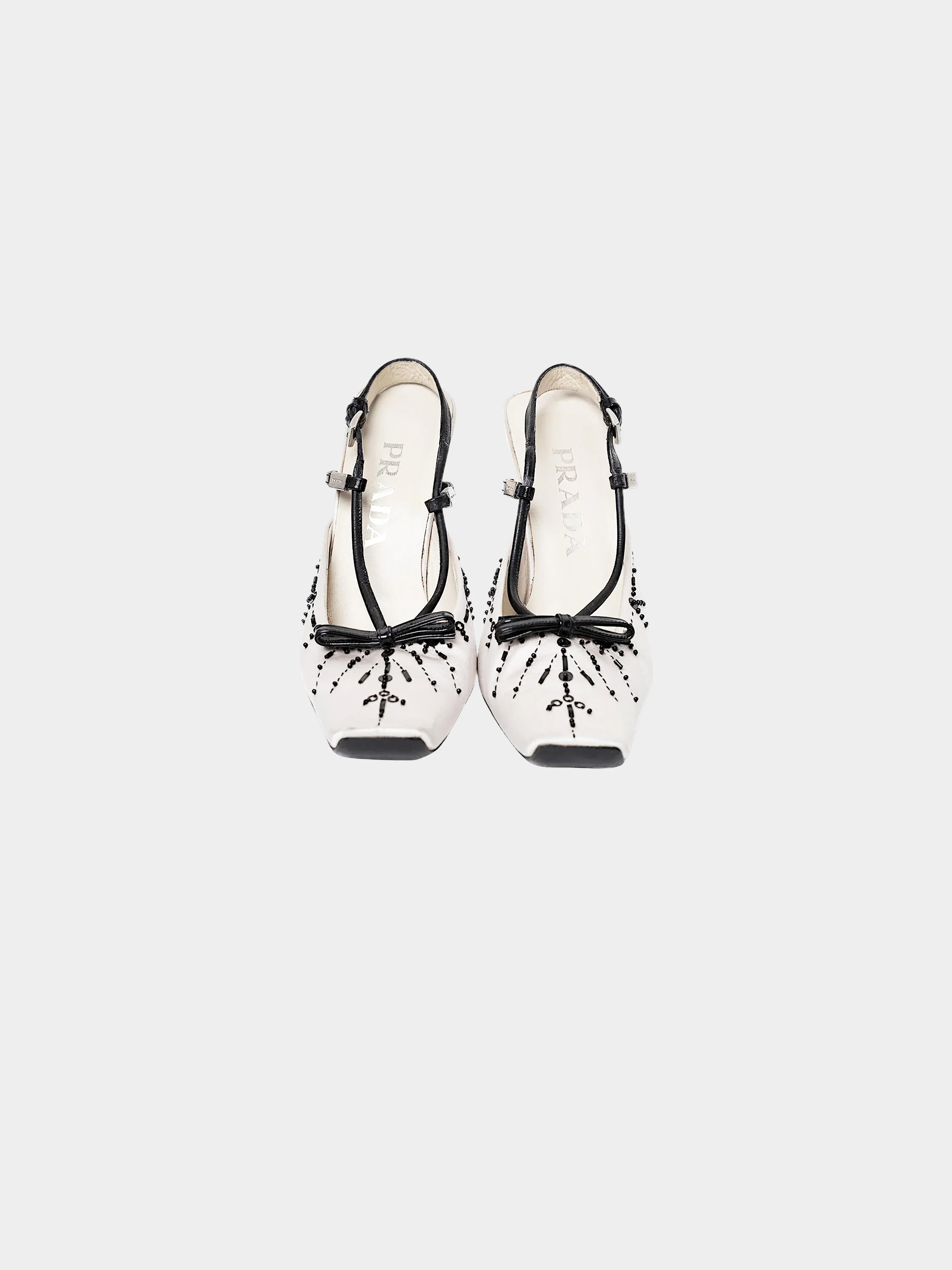 Prada SS 2000 Grey Beading and Bow Embellished Satin Heels - Image 2