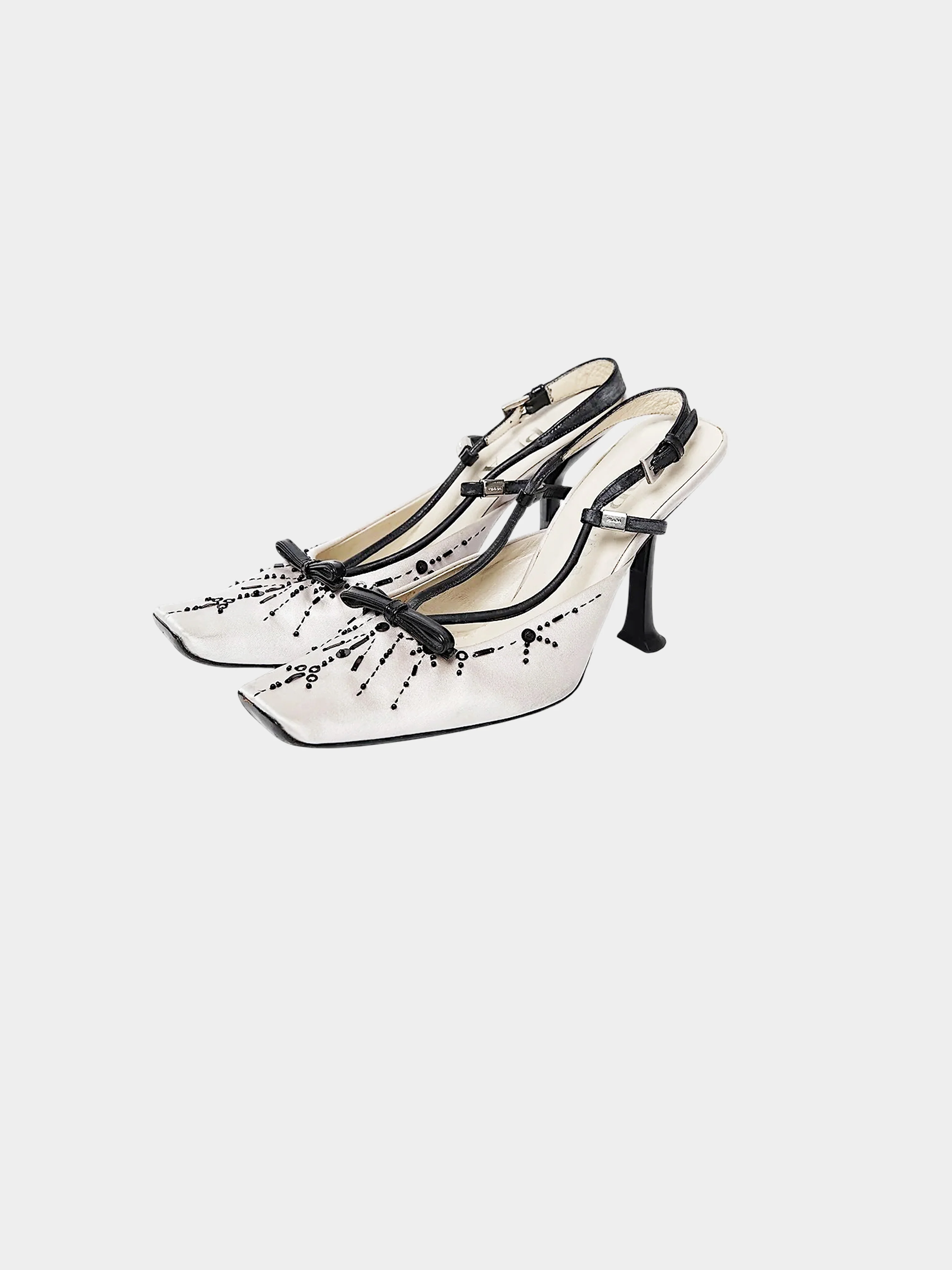 Prada SS 2000 Grey Beading and Bow Embellished Satin Heels - Image 3