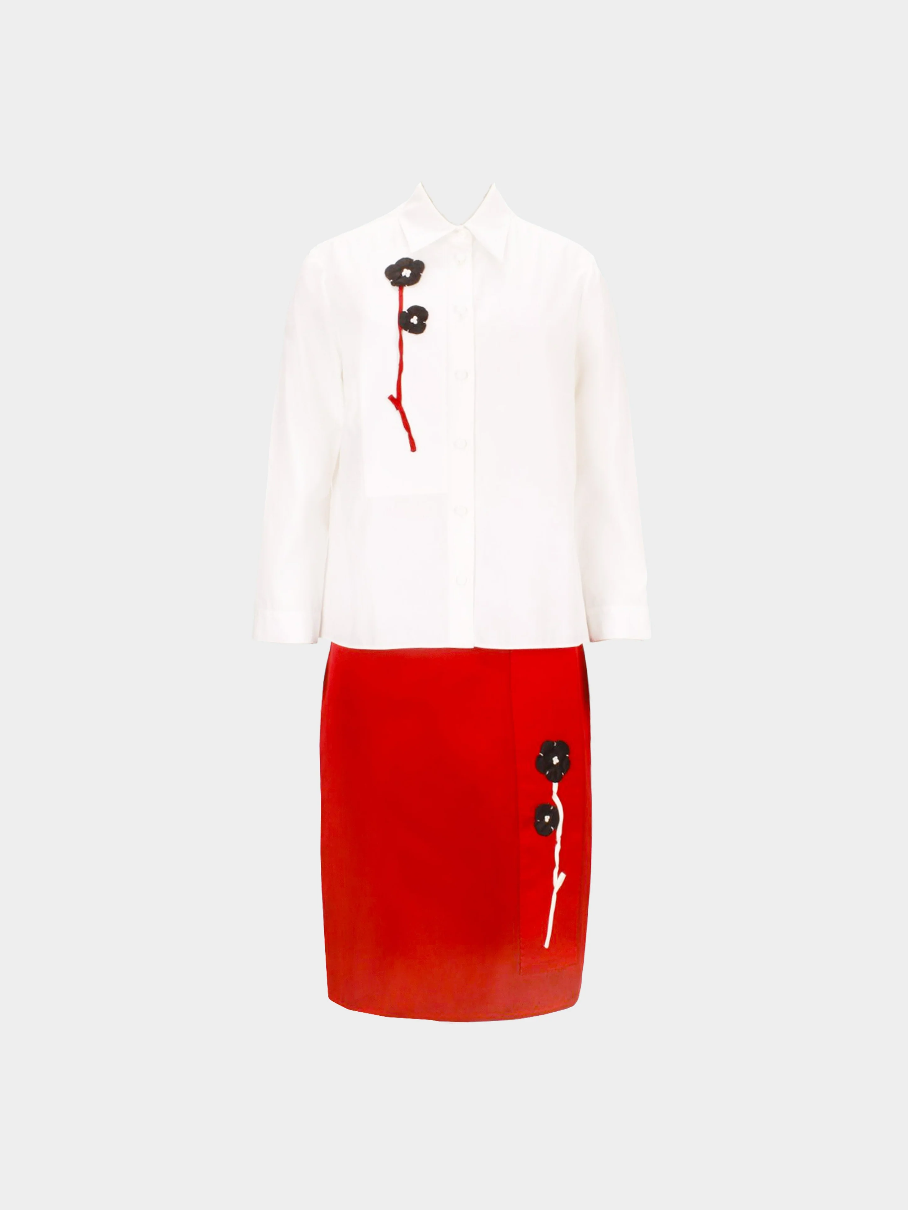Prada SS 2013 Runway White and Red Flower Long-sleeved Shirt and Skirt Set