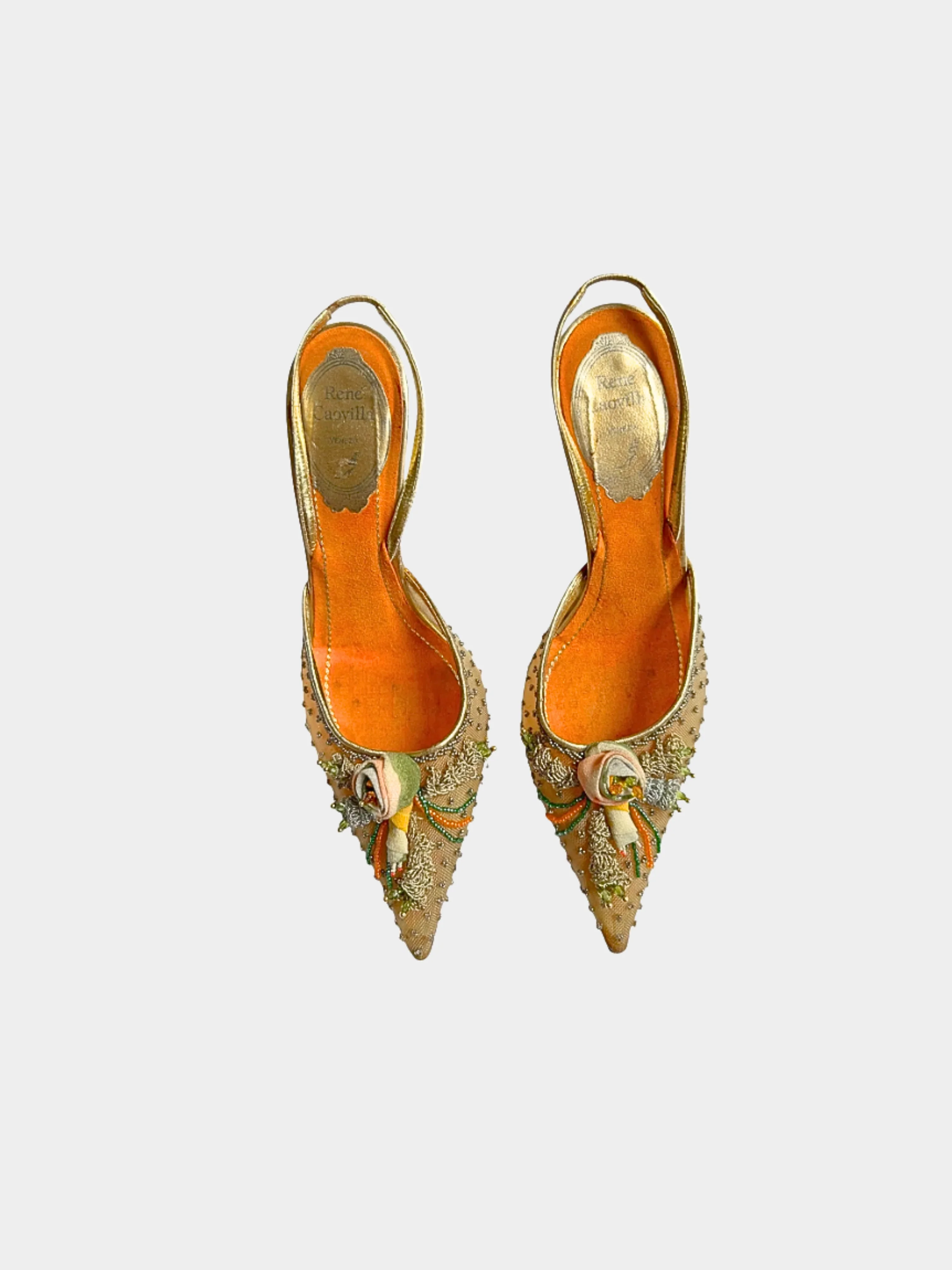 René Caovilla 2000s Beige Floral Beaded Slingback Heels - Image 2
