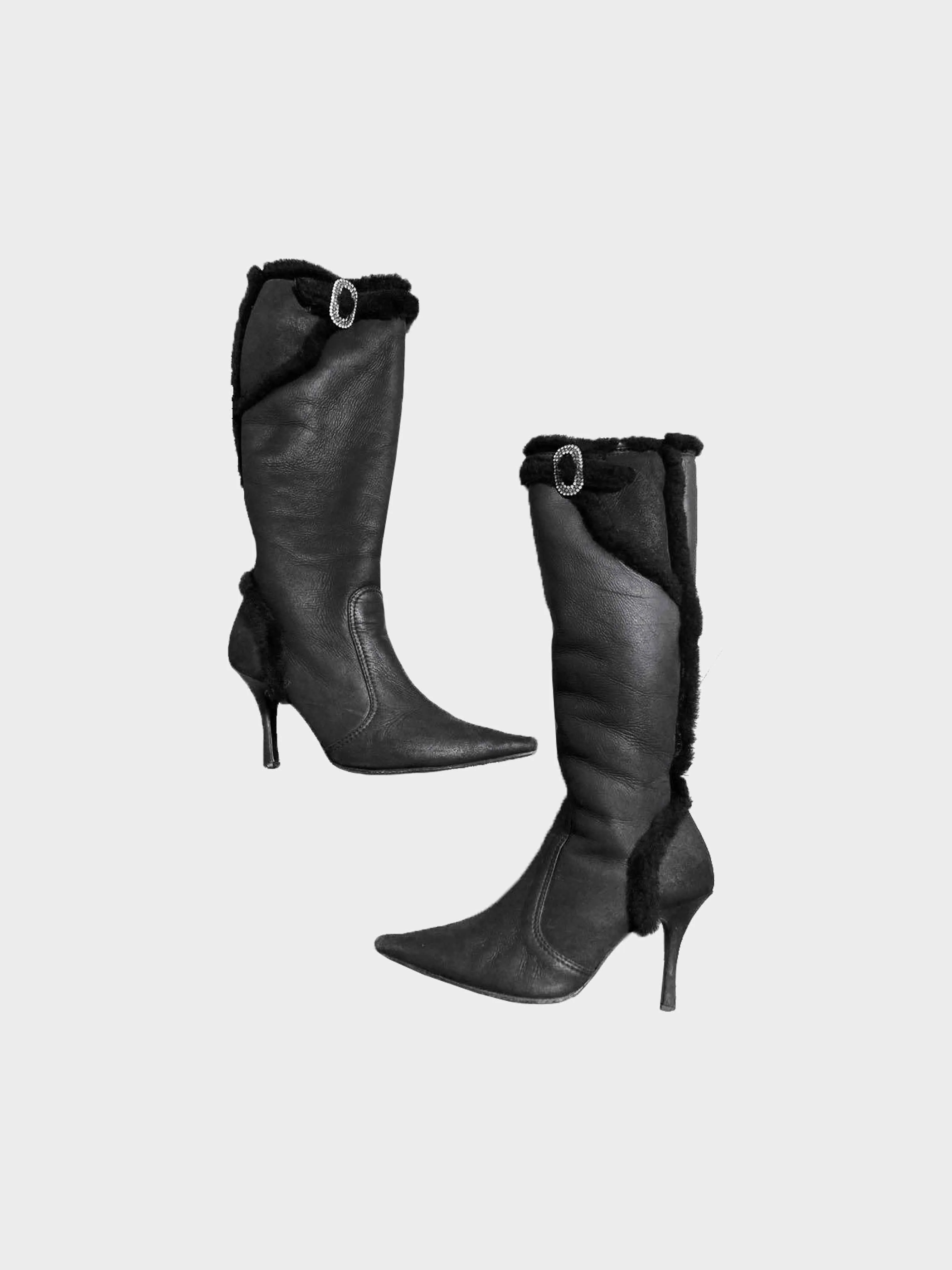 René Caovilla 2000s Black Leather and Fur Trim Long Boots - Image 2