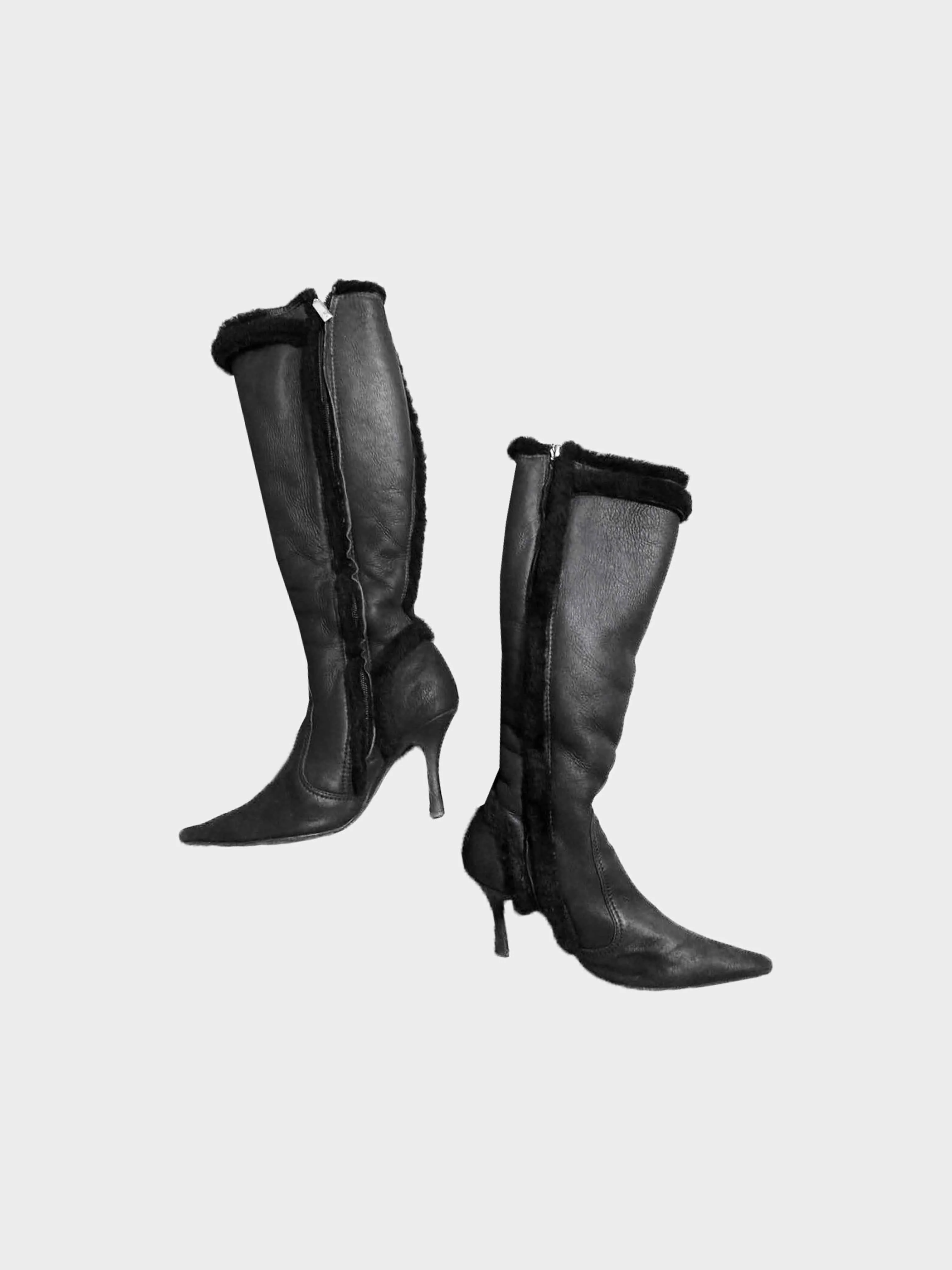 René Caovilla 2000s Black Leather and Fur Trim Long Boots - Image 4