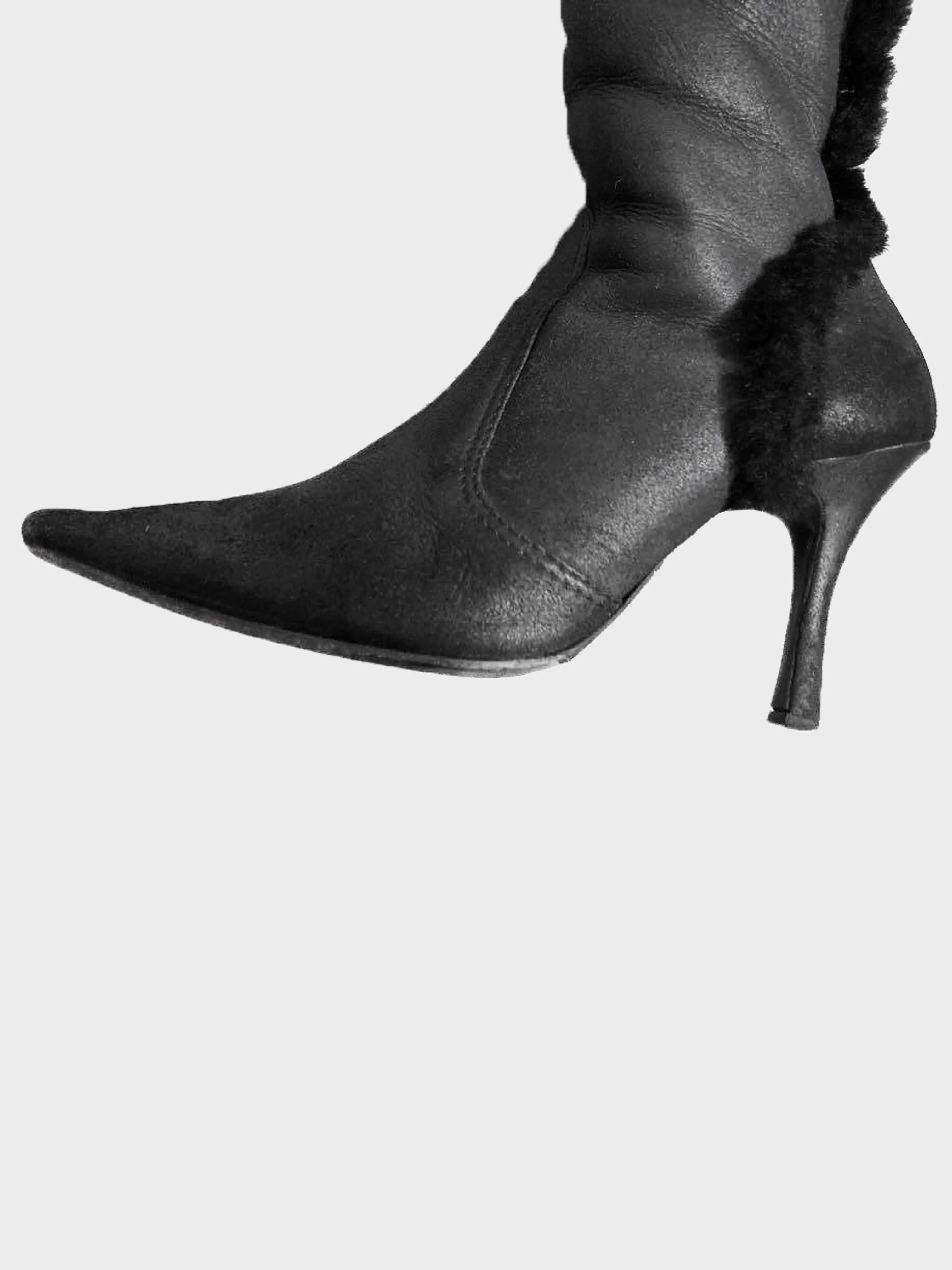 René Caovilla 2000s Black Leather and Fur Trim Long Boots - Image 6