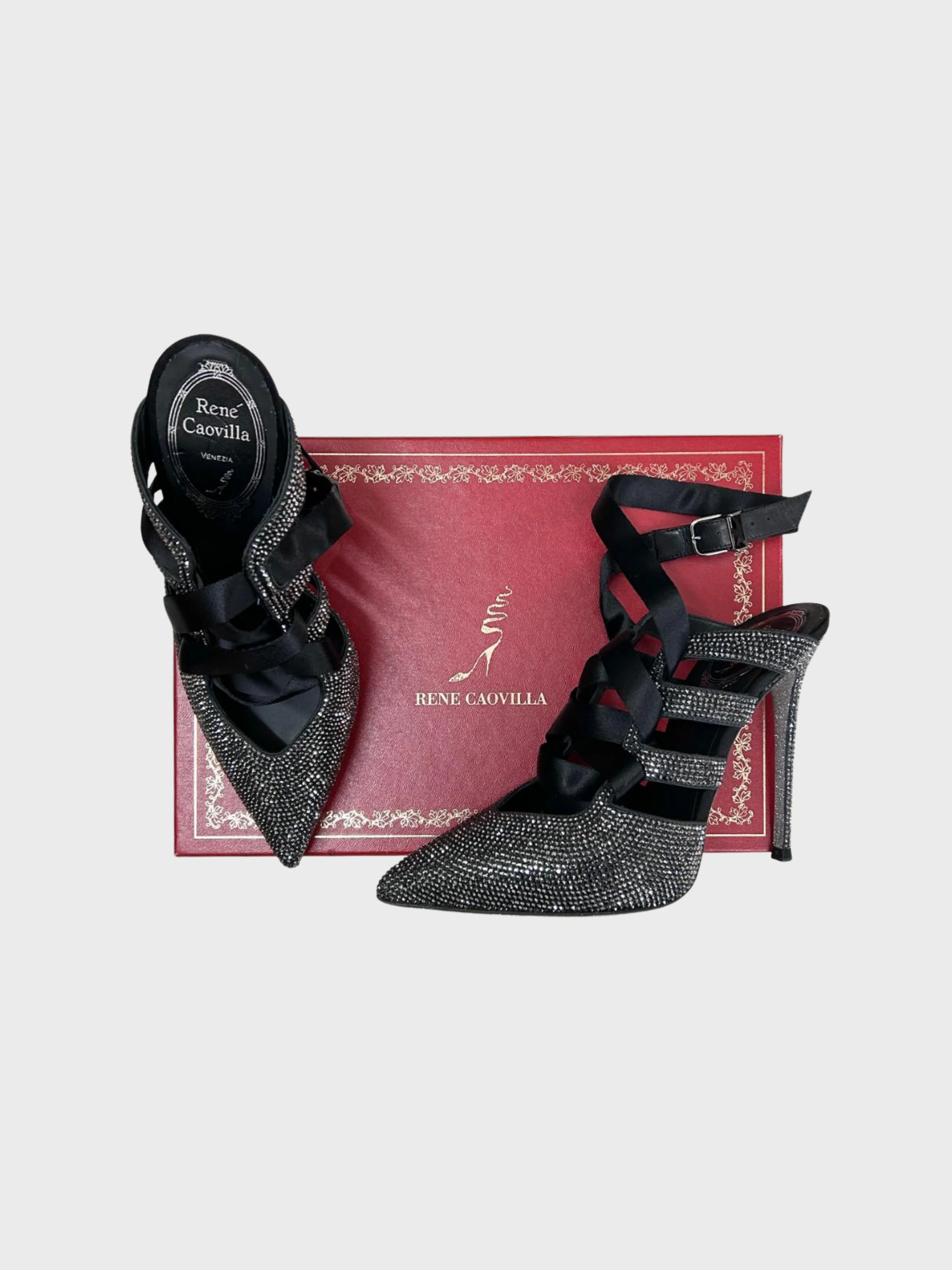 René Caovilla 2000s Grey Crystal Lace Up Heels - Image 3