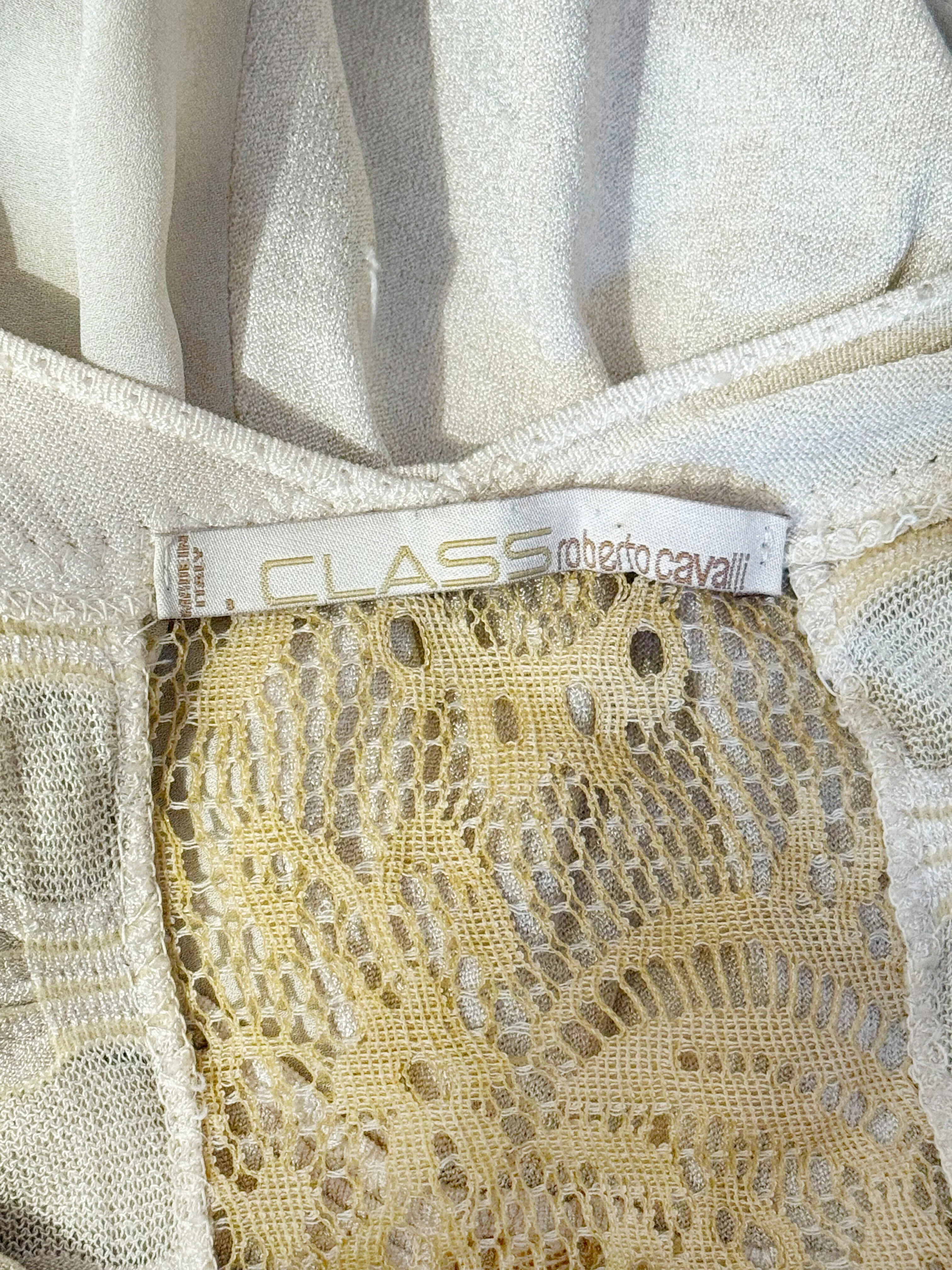 Roberto Cavalli 2000s Beige Polyester and Lace Mesh Long Dress - Image 3