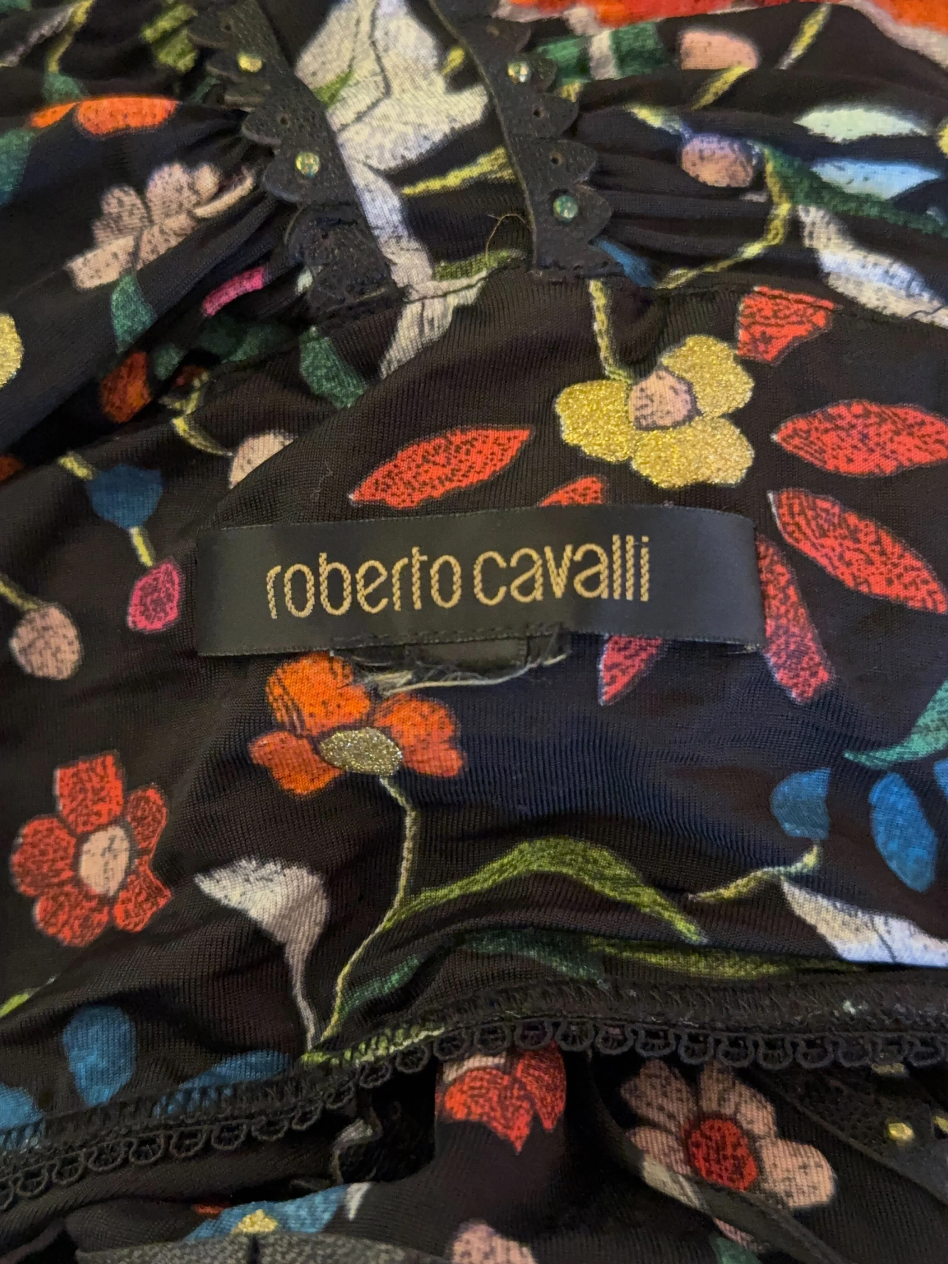 Roberto Cavalli 2000s Black Floral Print Ruched Halter Dress - Image 3