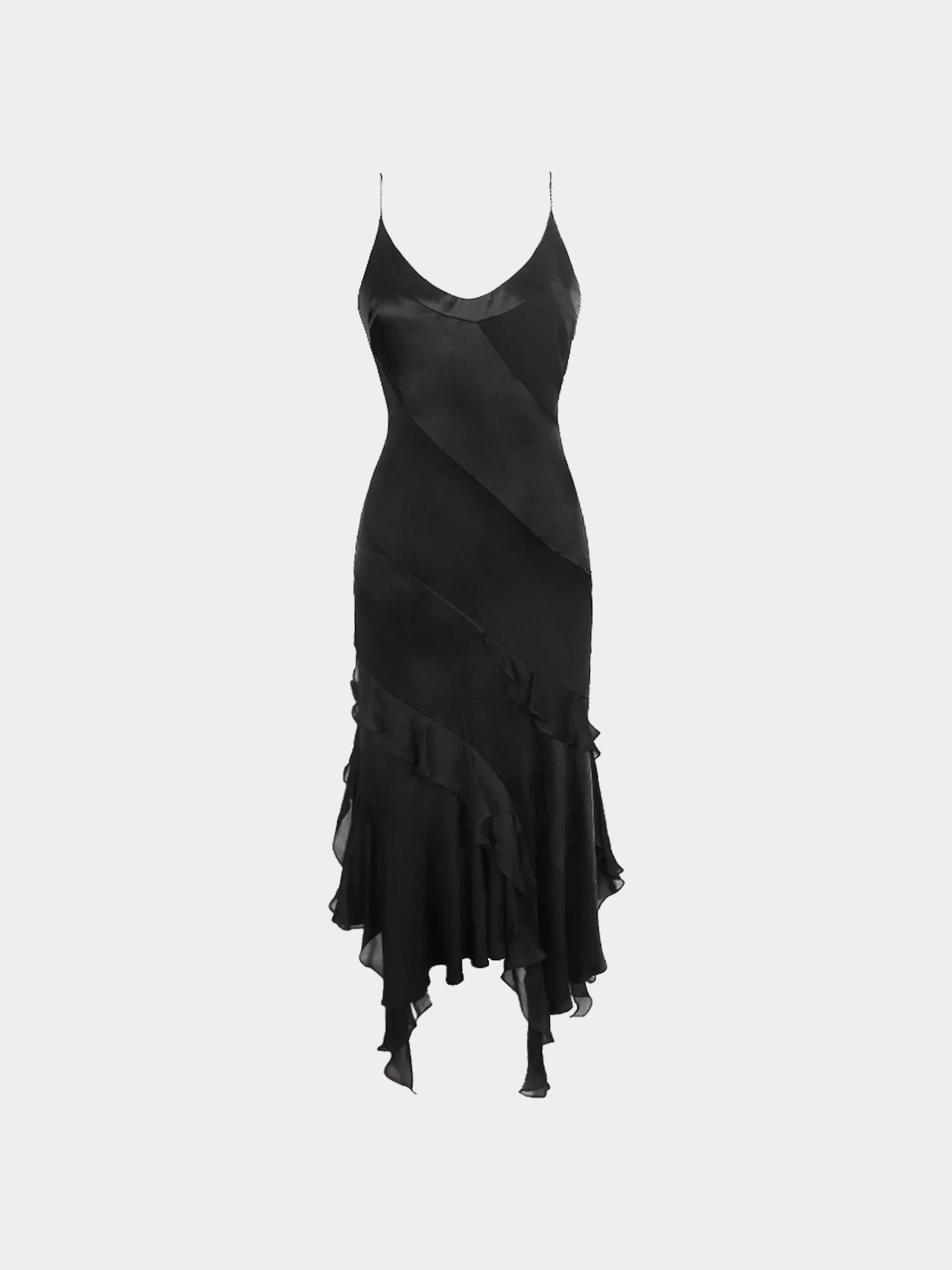 Roberto Cavalli 2000s Black Satin Silk Ruffled Dress