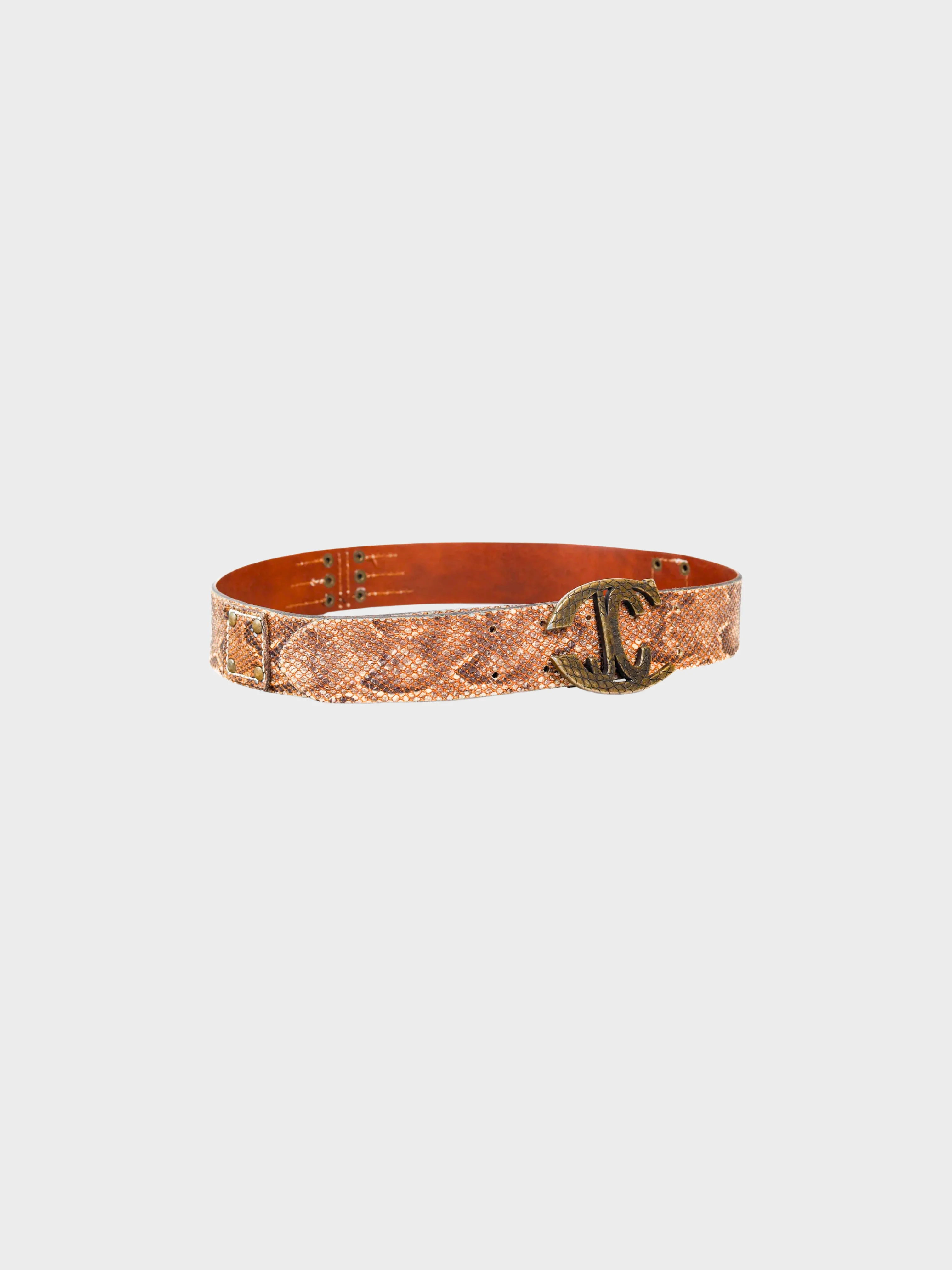 Roberto Cavalli 2000s Brown Snakeskin Logo Buckle Belt
