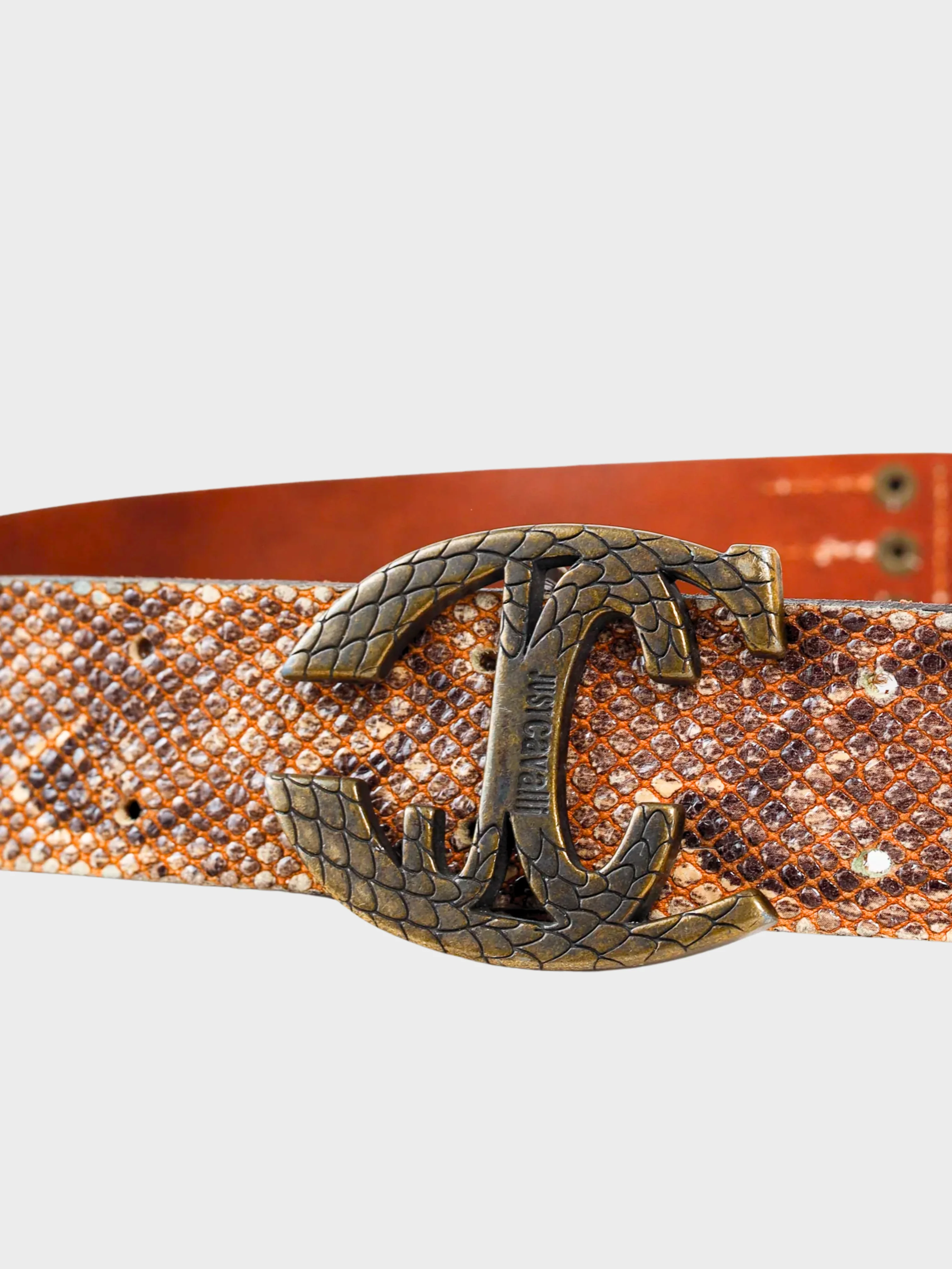 Roberto Cavalli 2000s Brown Snakeskin Logo Buckle Belt - Image 3
