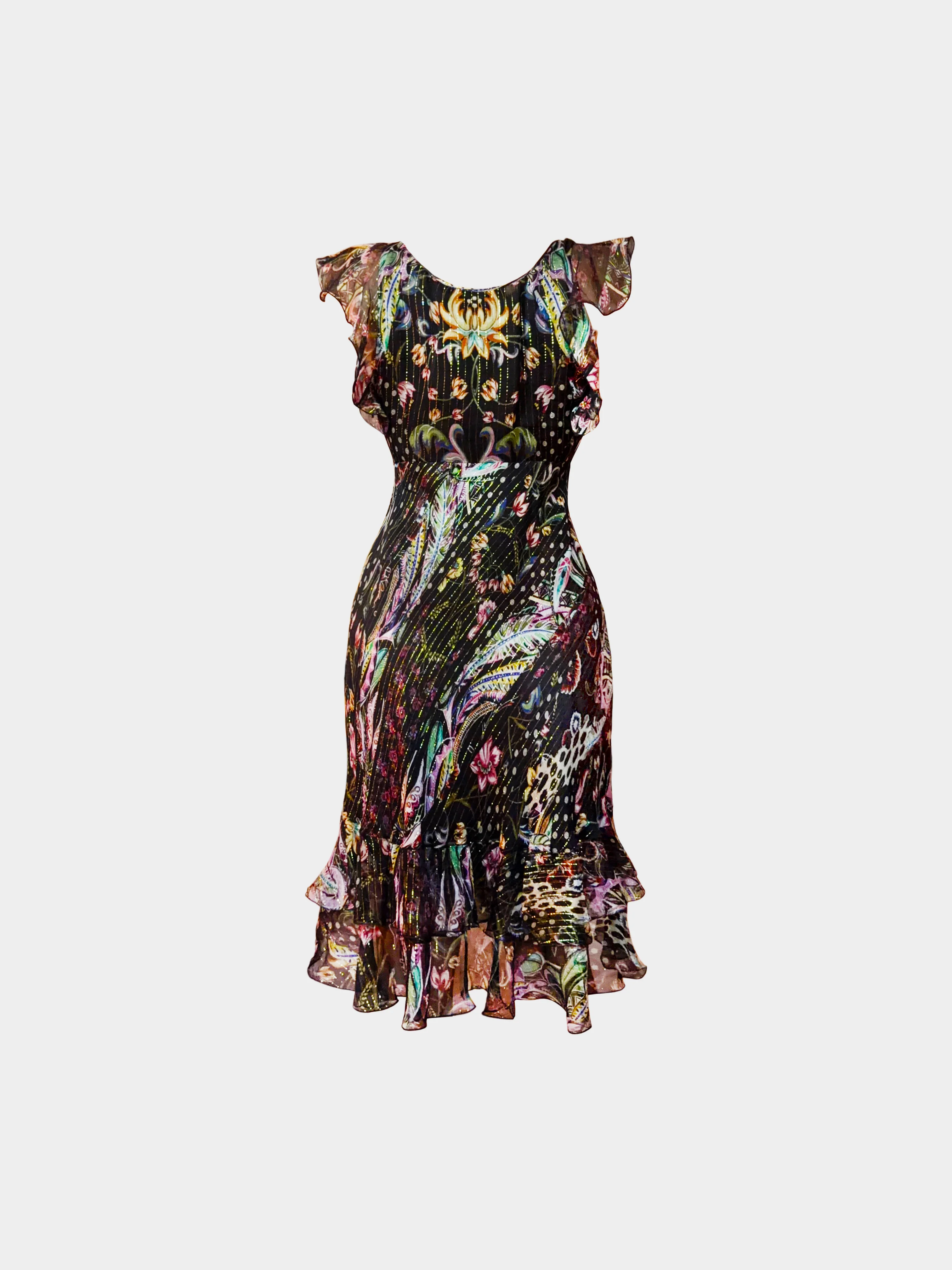 Roberto Cavalli 2000s Floral and Animal Print Ruffled Silk Dress - Image 2