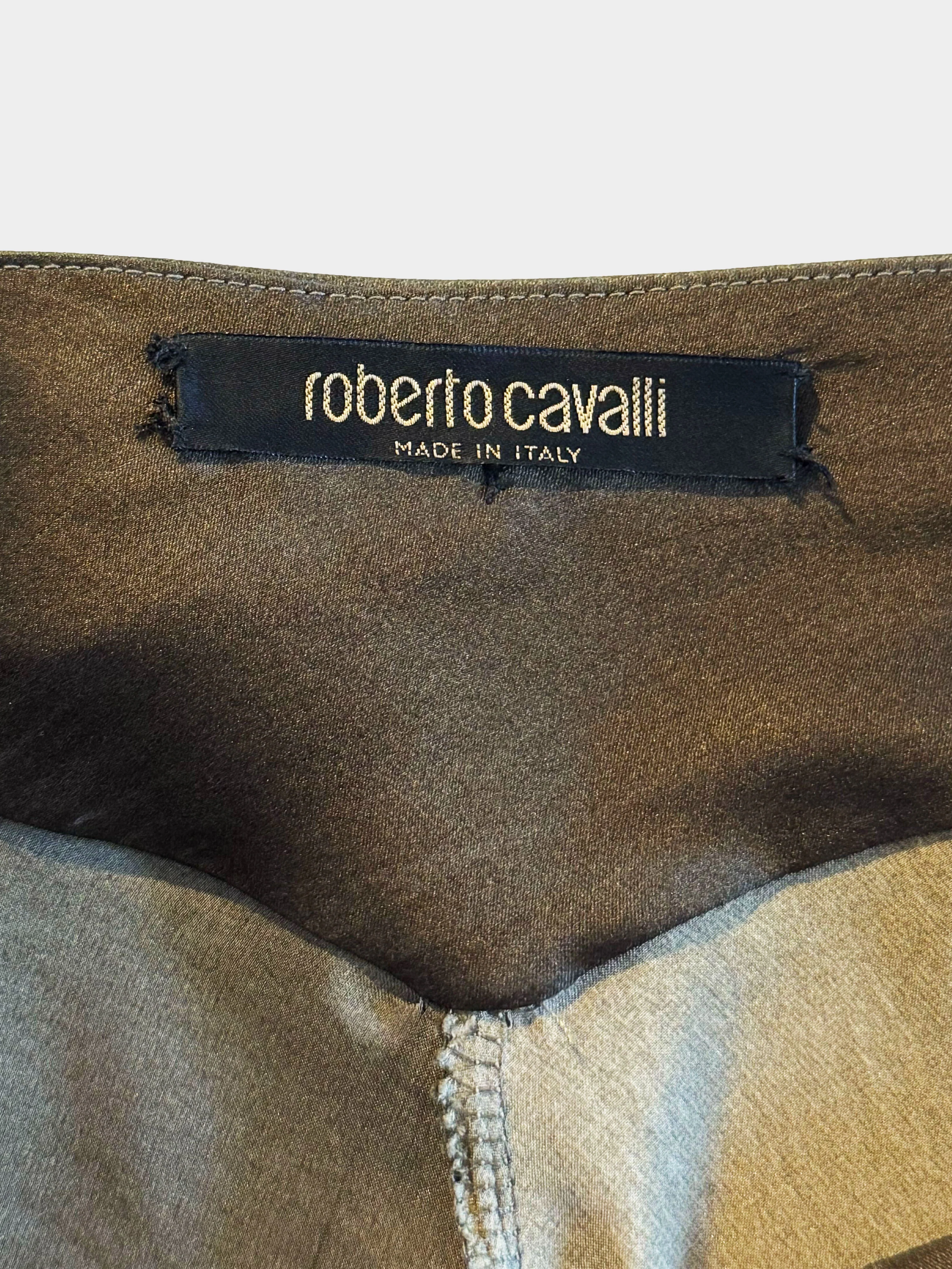 Roberto Cavalli 2000s Khaki Silk Gathered Style Skirt - Image 3