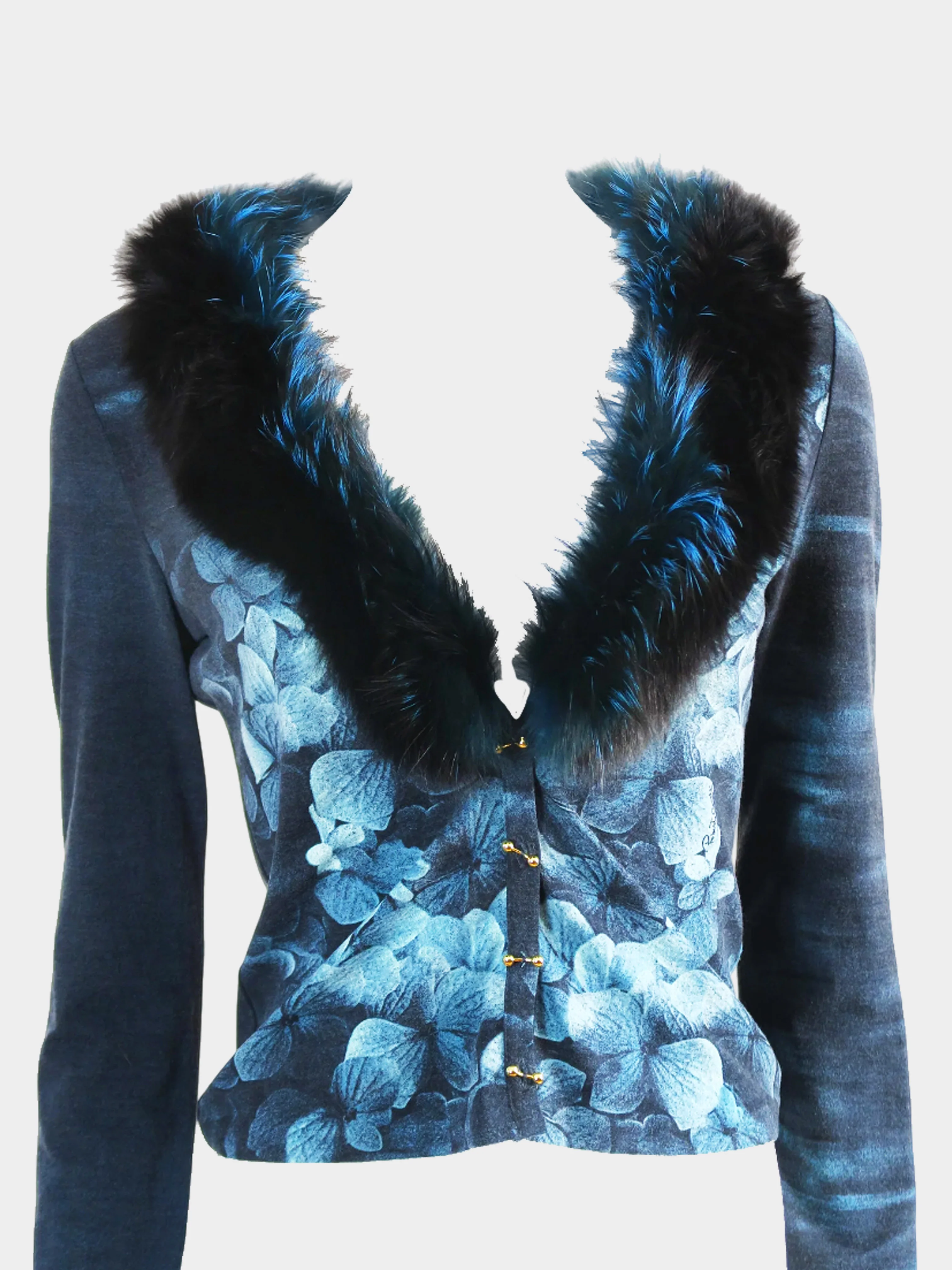 Roberto Cavalli 2000 Rare Metallic Blue Hydrangea Print Long Sleeve Top With Fur Collar - Image 3