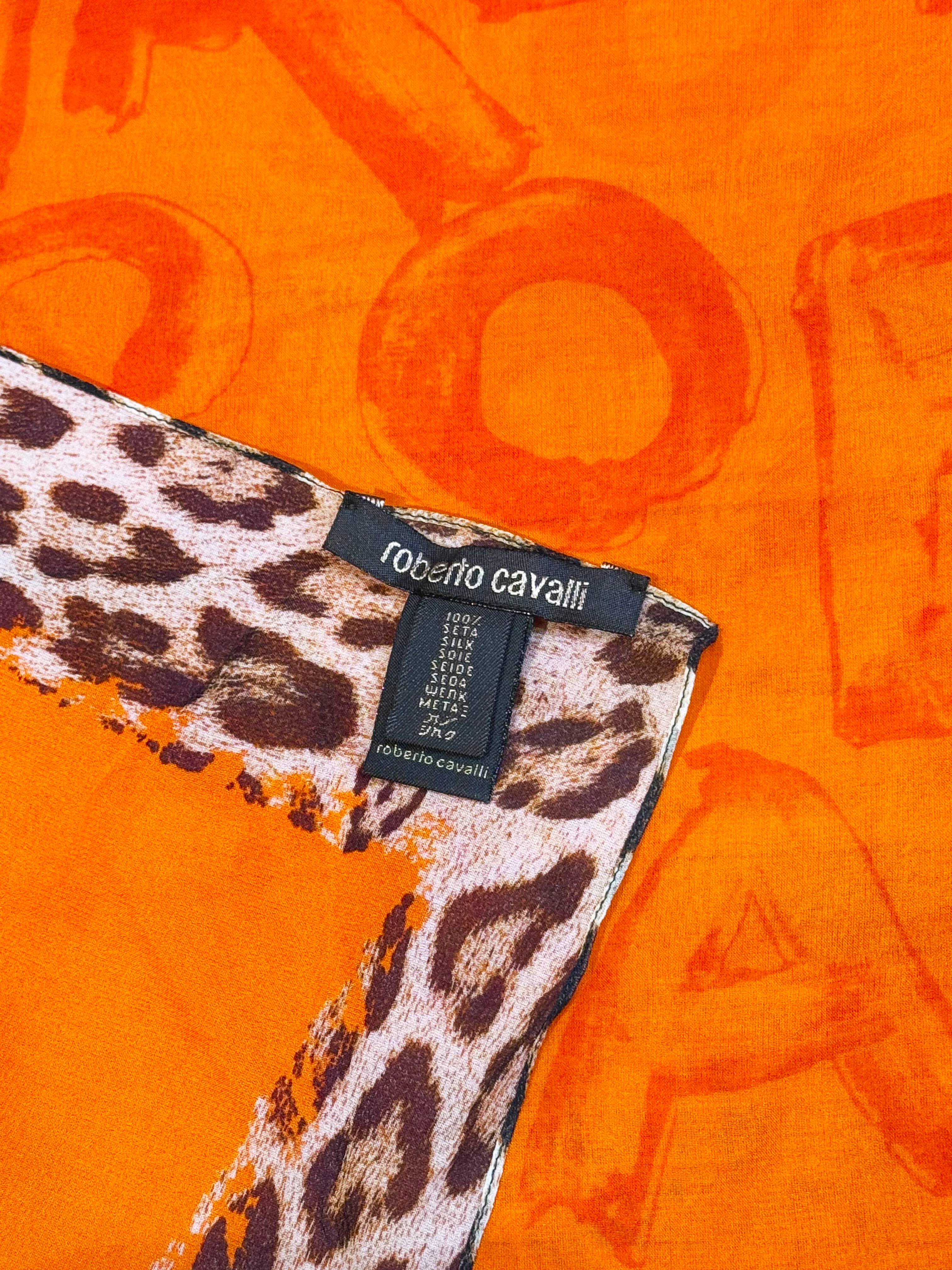 Roberto Cavalli 2000s Orange and Leopard Print Silk Scarf - Image 2