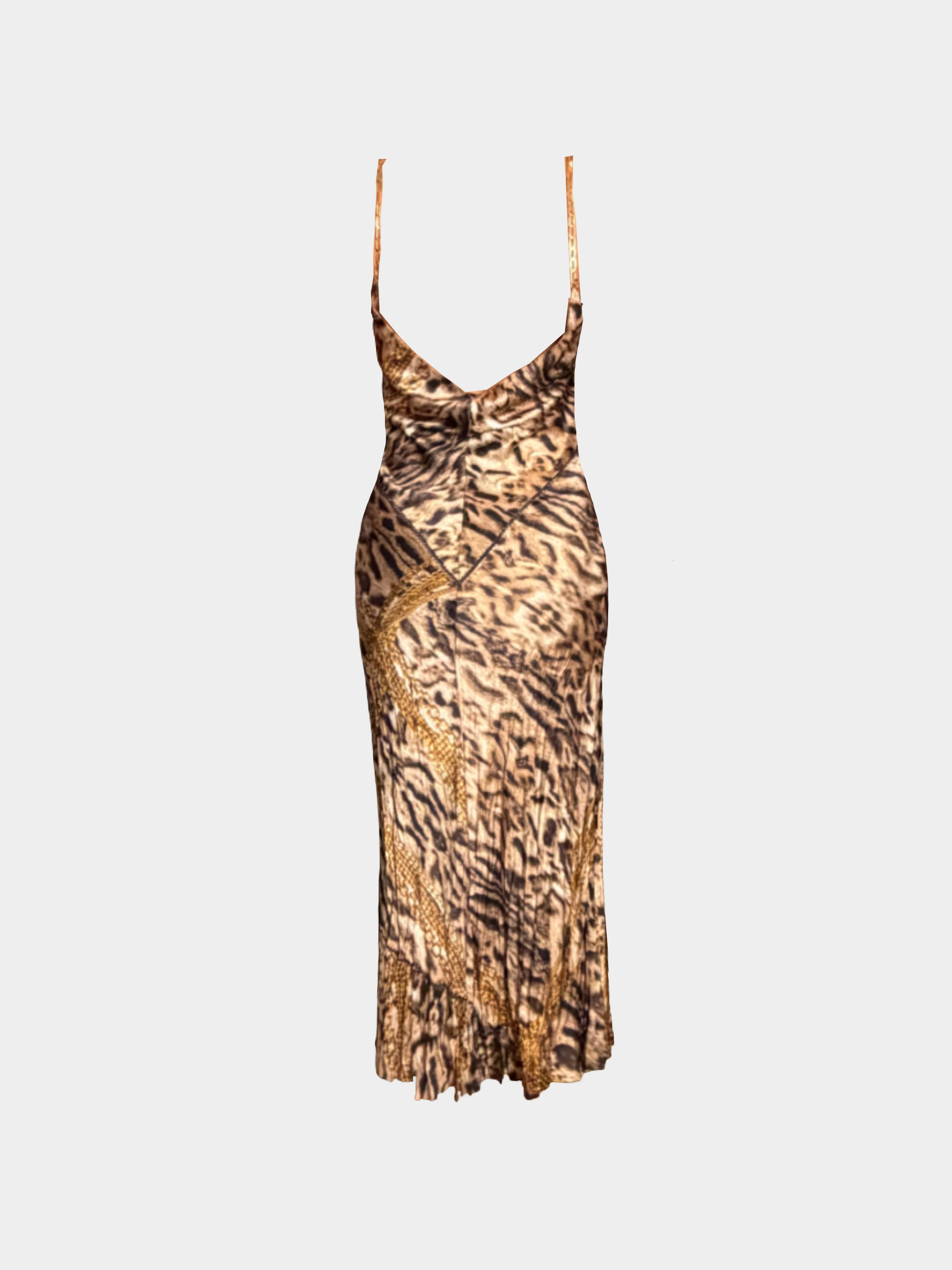 Roberto Cavalli 2003 Gold Leopard Printed Silk Midi Dress - Image 2