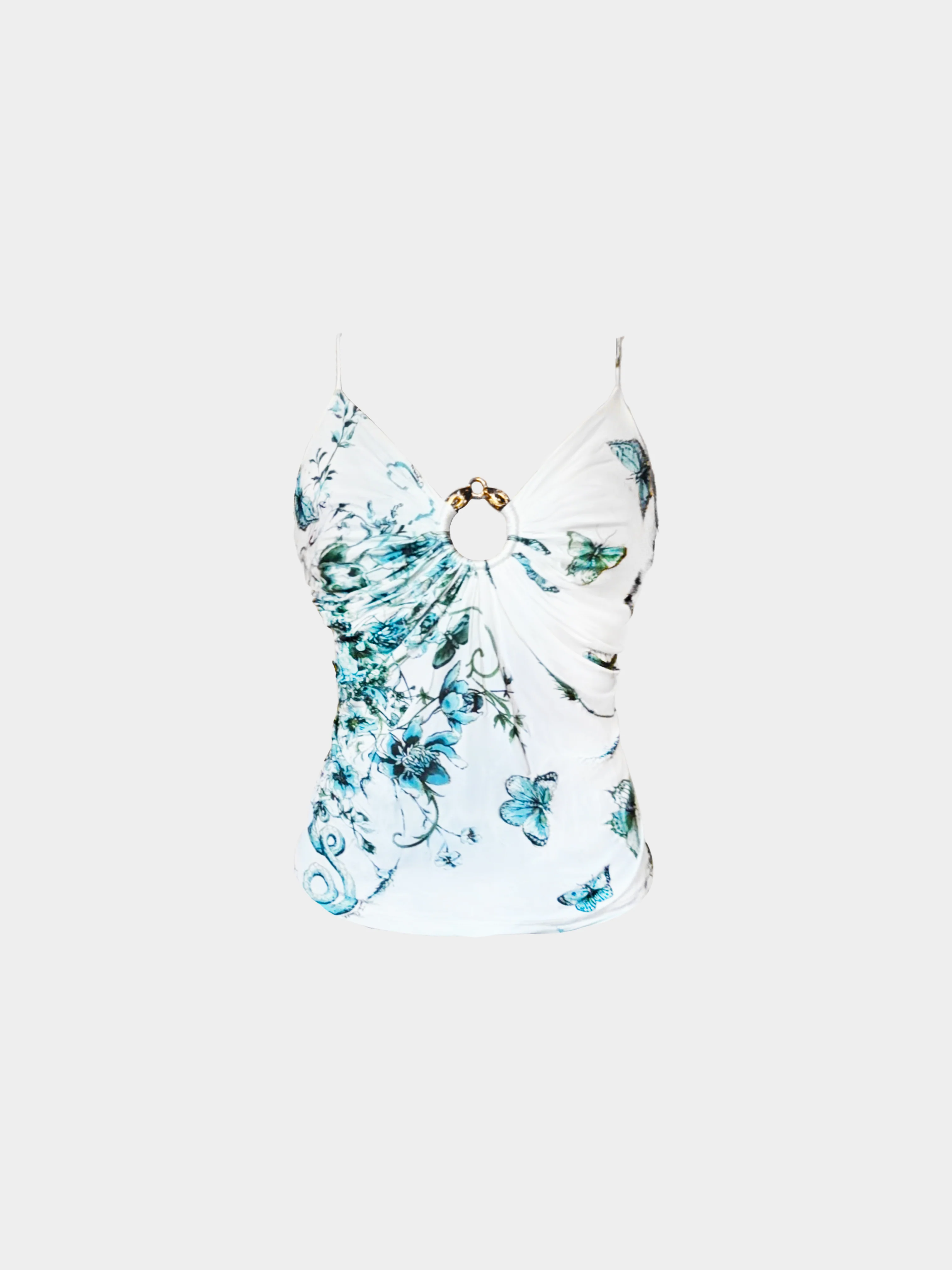 Roberto Cavalli 2005 White and Blue Floral and Butterfly Print Top