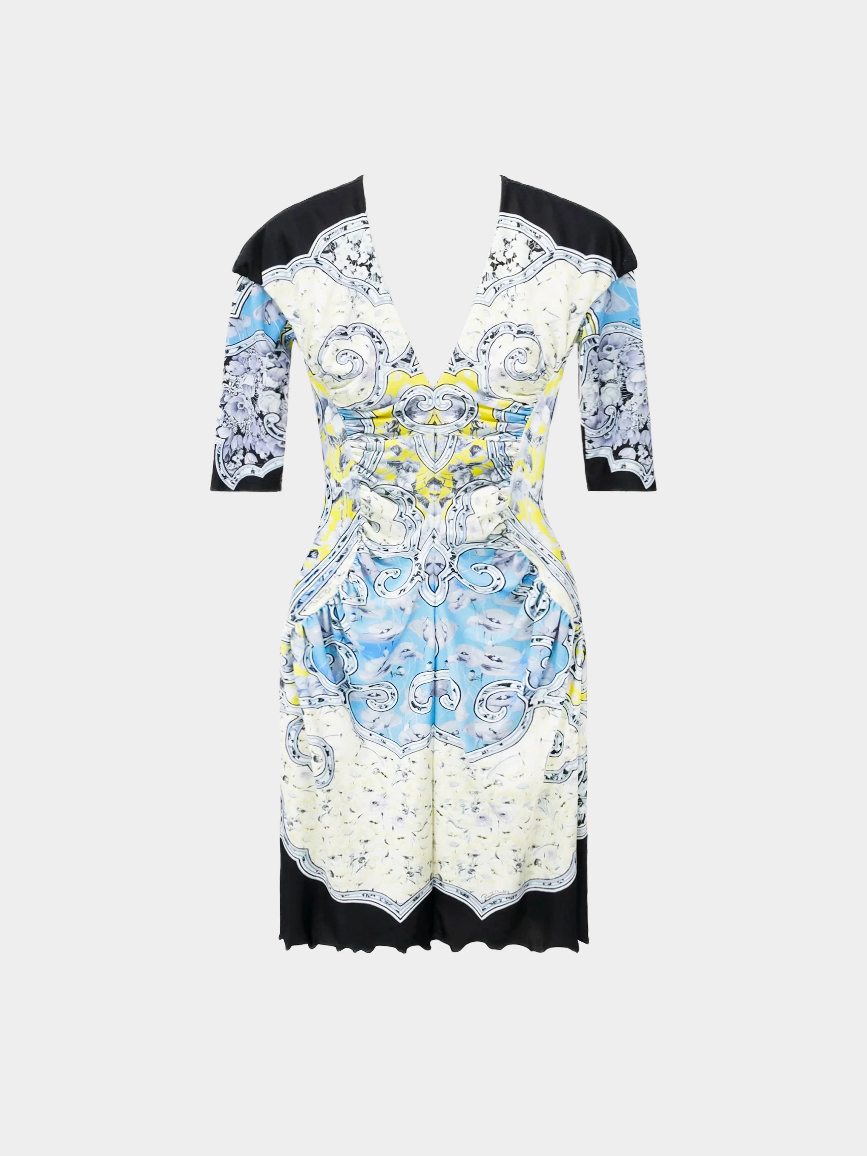 Roberto Cavalli 2007 Stretch Nylon Mixed Print Ruched Dress