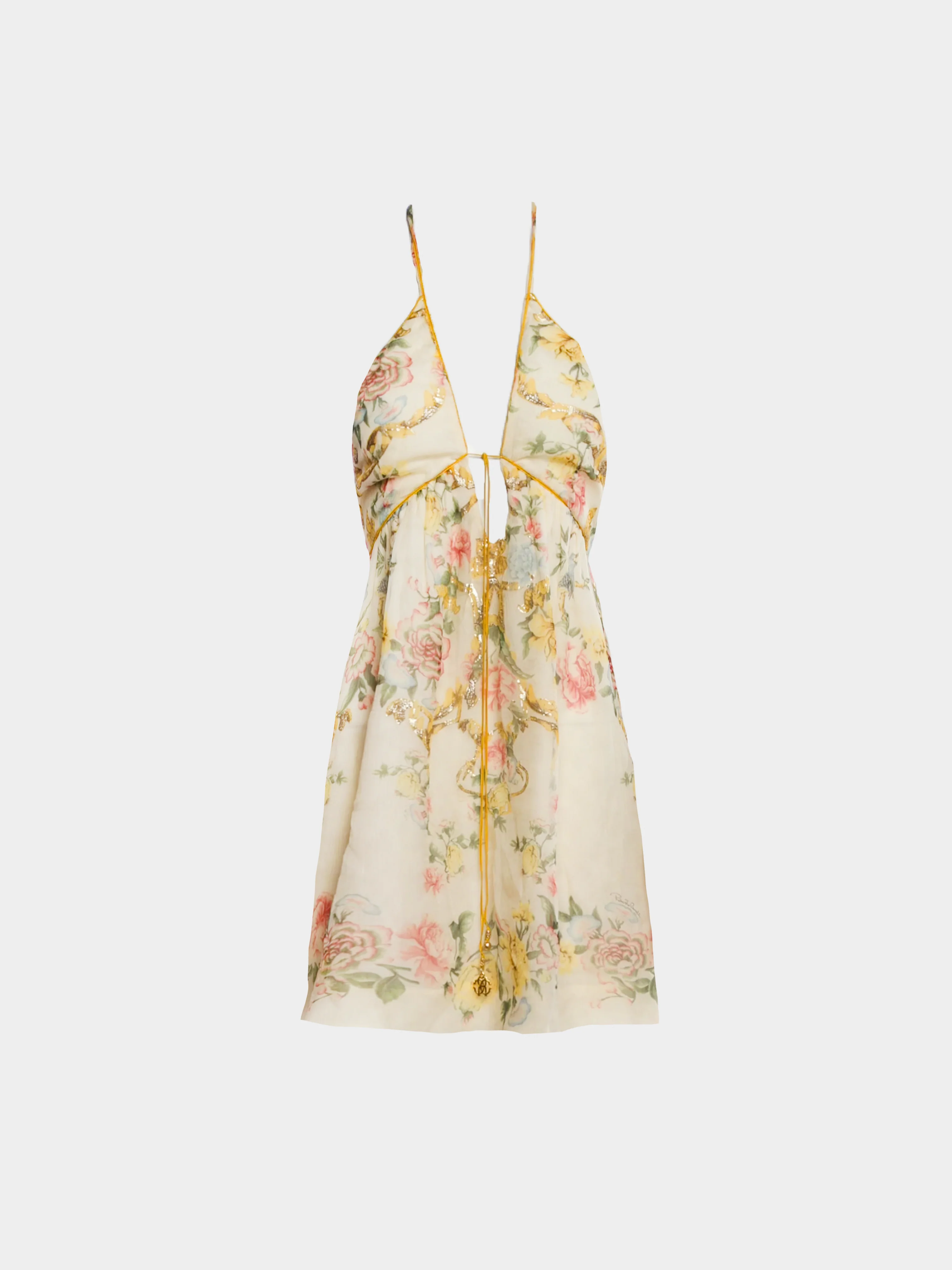 Roberto Cavalli 2007 Yellow Sheer Floral Mini Dress