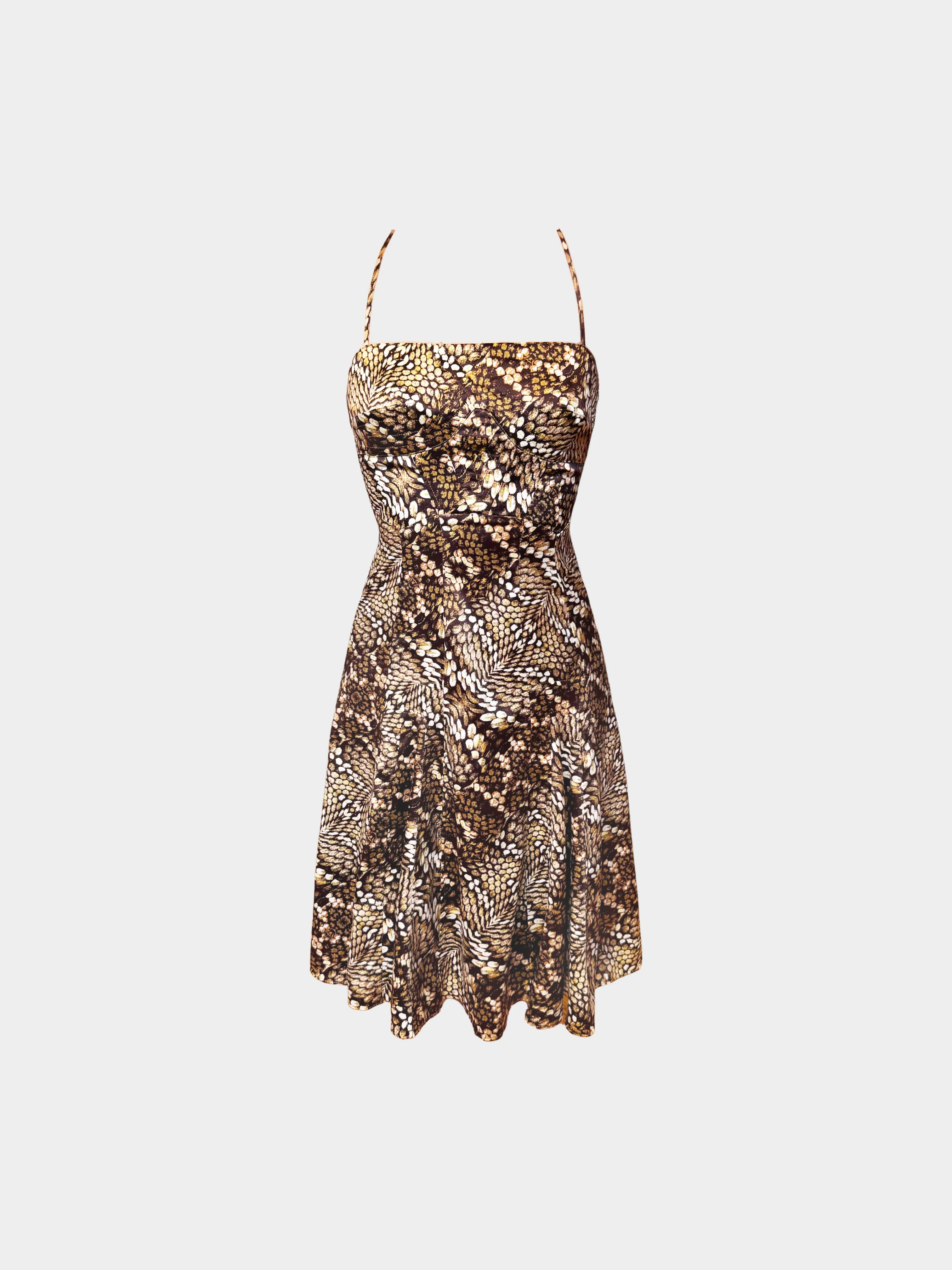 Roberto Cavalli 2000s Brown Silk Snakeskin Animal Print Slip Dress