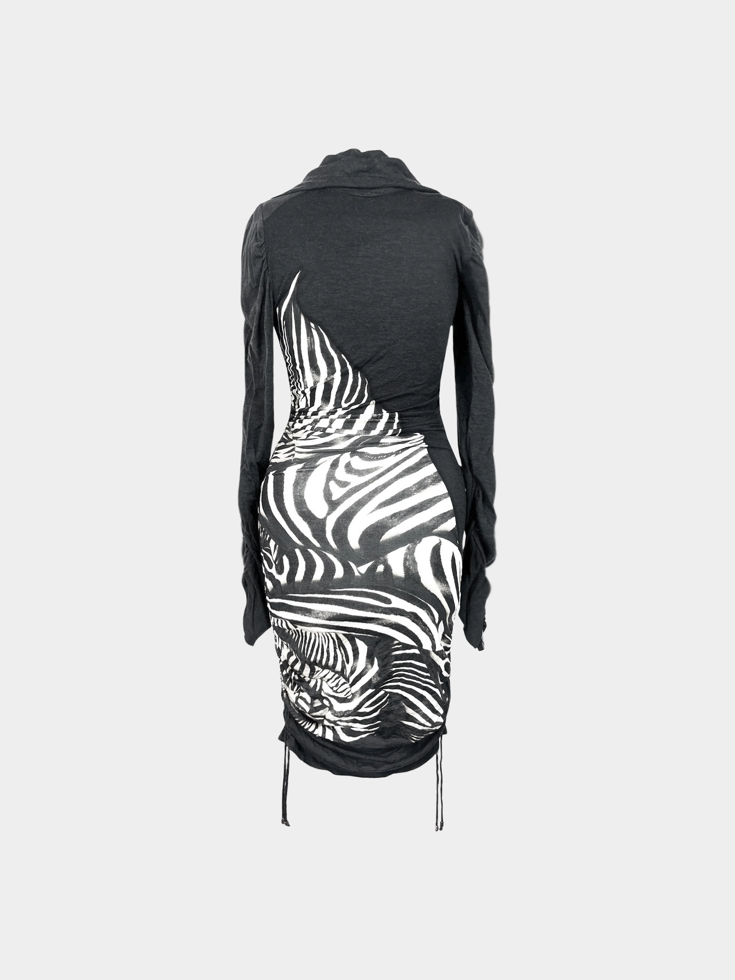 Roberto Cavalli 2010s Charcoal Grey and Zebra Print Drawstring Dress - Image 2
