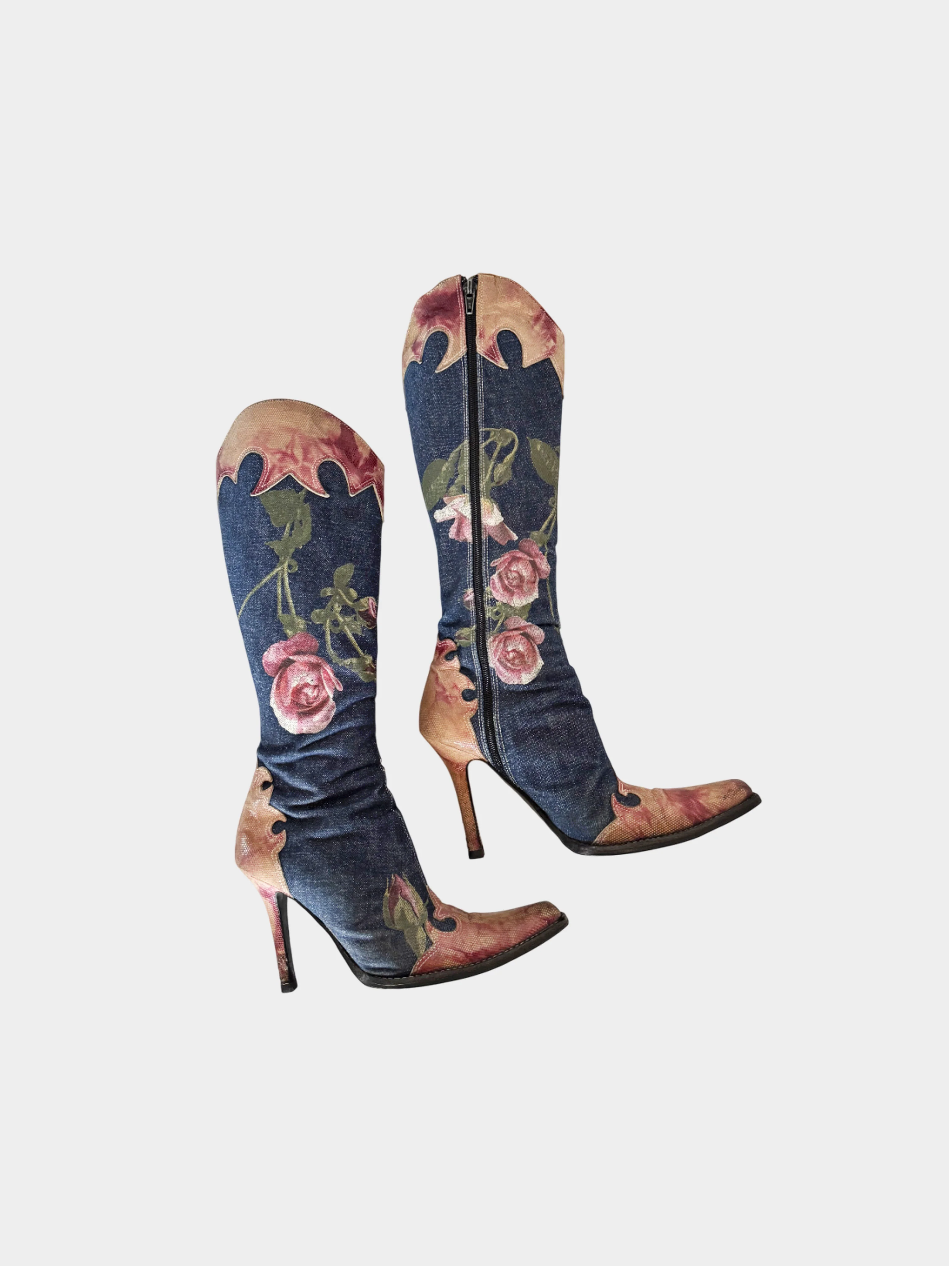 Roberto Cavalli Early 2000s Denim Floral Boots - Image 2