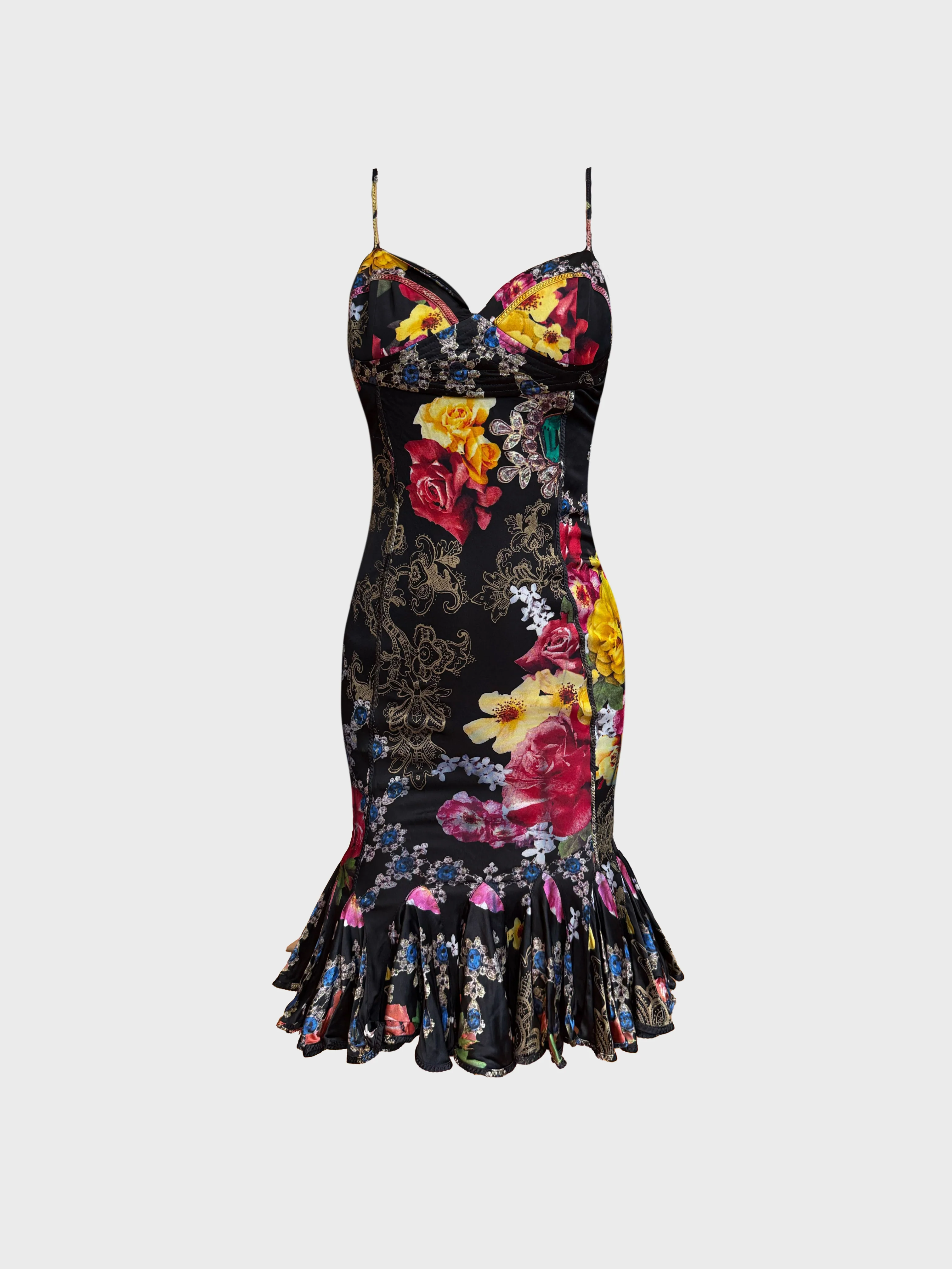 Roberto Cavalli Just Cavalli FW 2005 Black Floral Jewel Print Dress