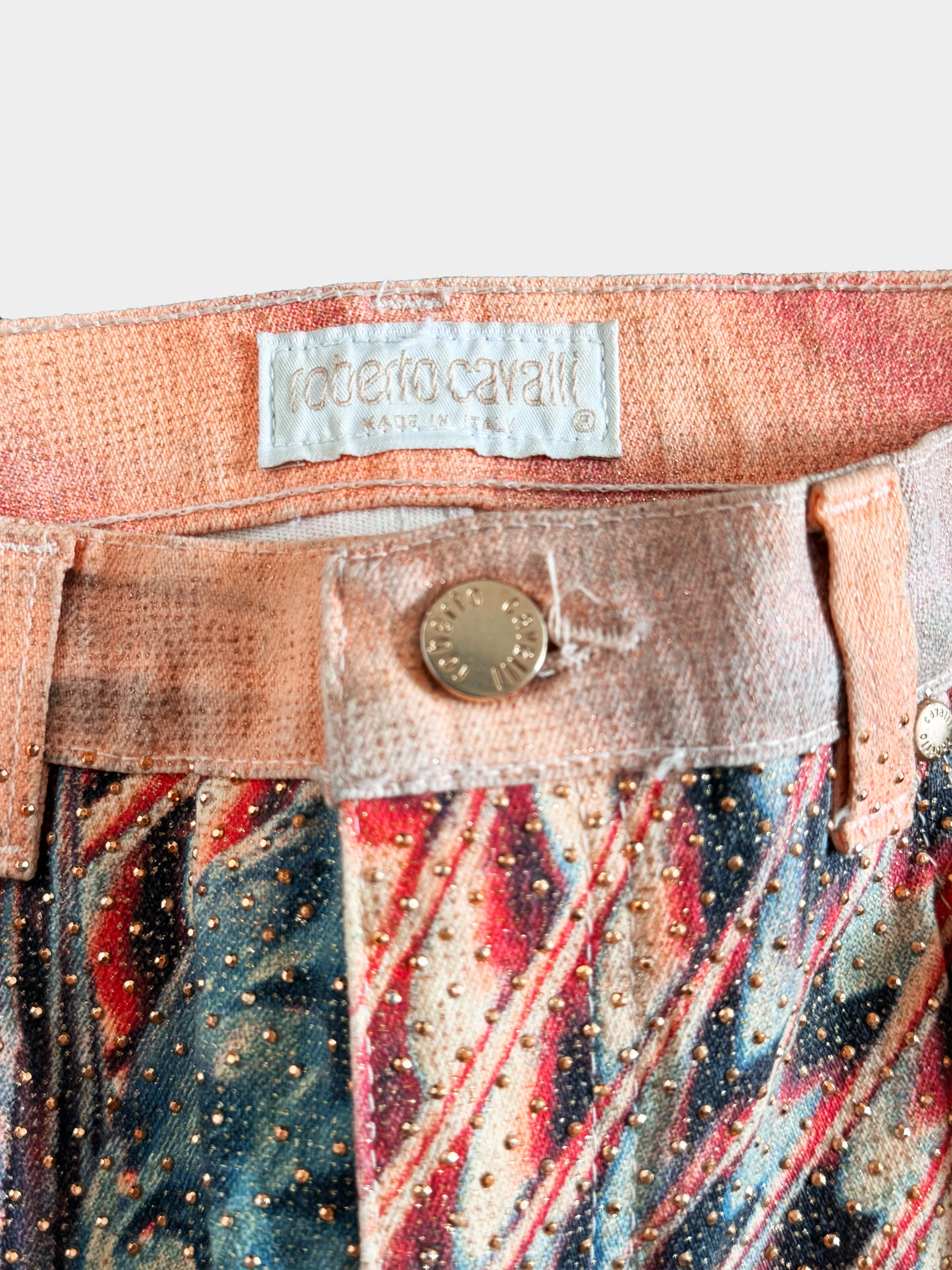 Roberto Cavalli SS 2001 Multicolored Psychedelic Printed Top and Studded Pants Set - Image 5