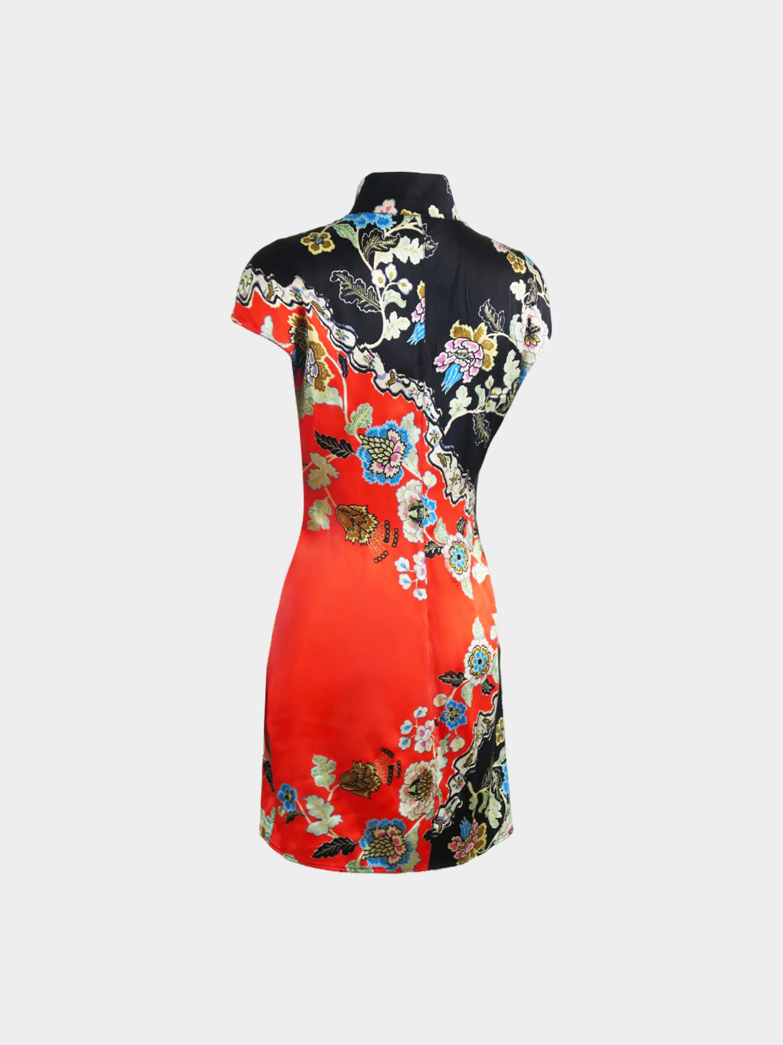 Roberto Cavalli SS 2003 Black and Red Silk Floral Print Cheongsam Midi Dress - Image 2