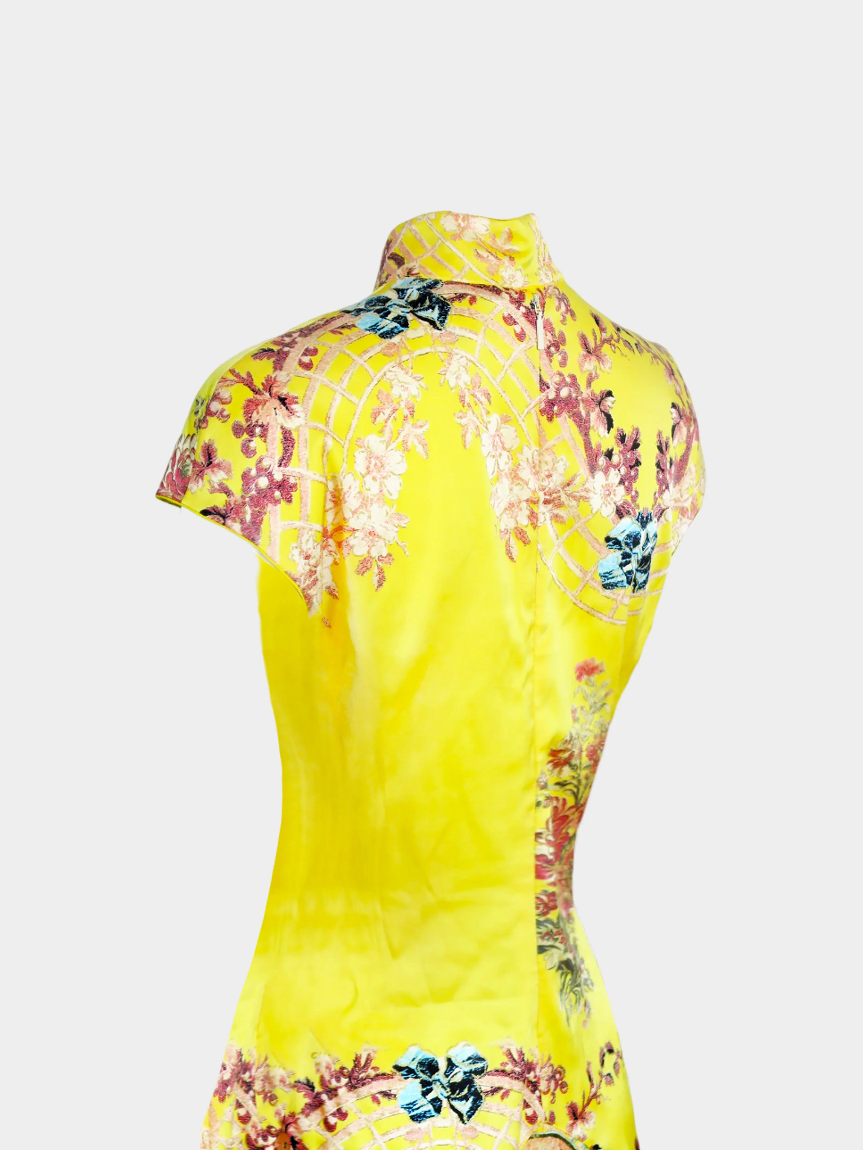 Roberto Cavalli SS 2003 Yellow Silk Bird Patterned Cheongsam Midi Dress - Image 2