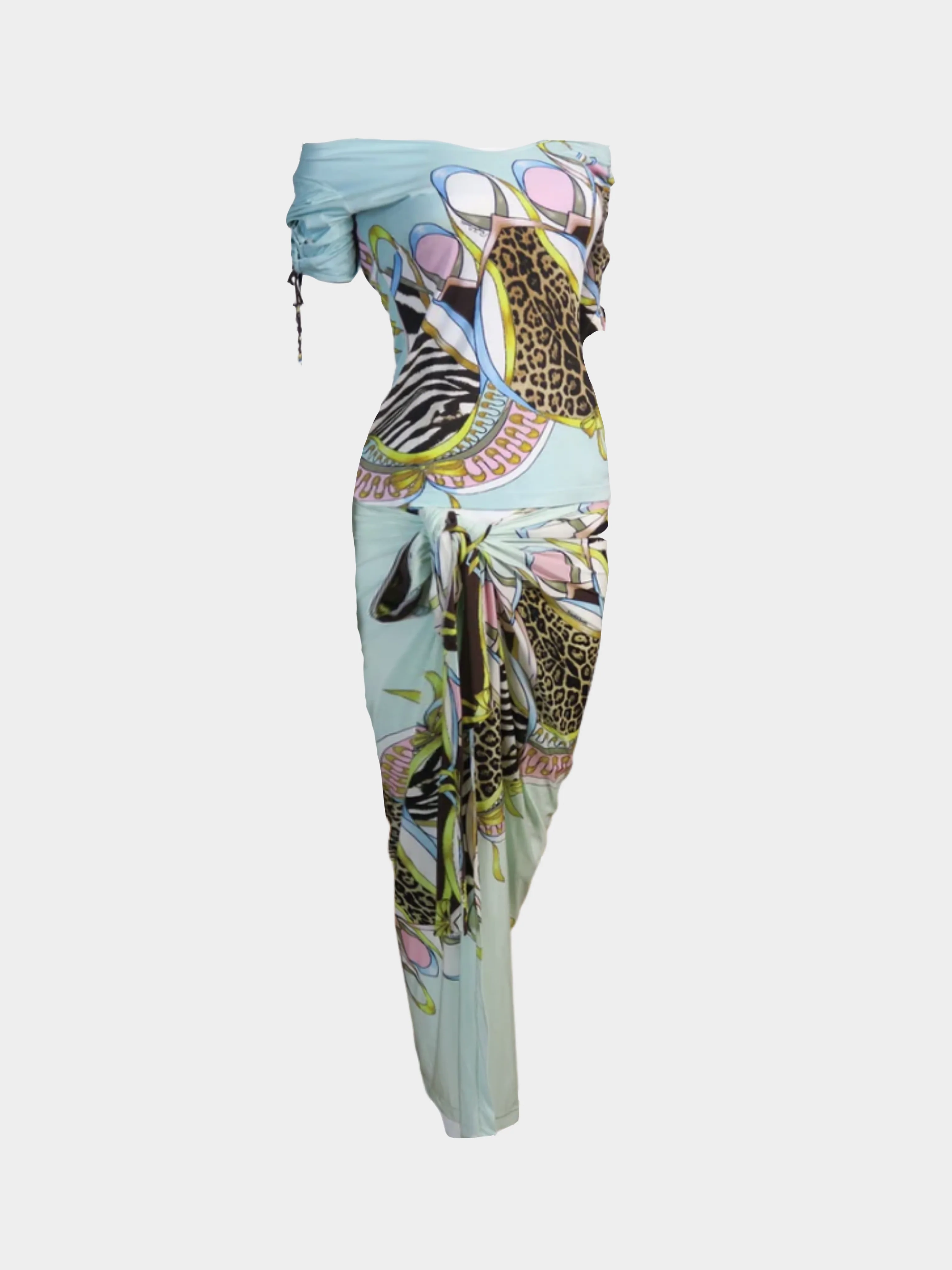 Roberto Cavalli SS 2004 Light Blue Printed Top and Pareo Skirt Set - Image 2
