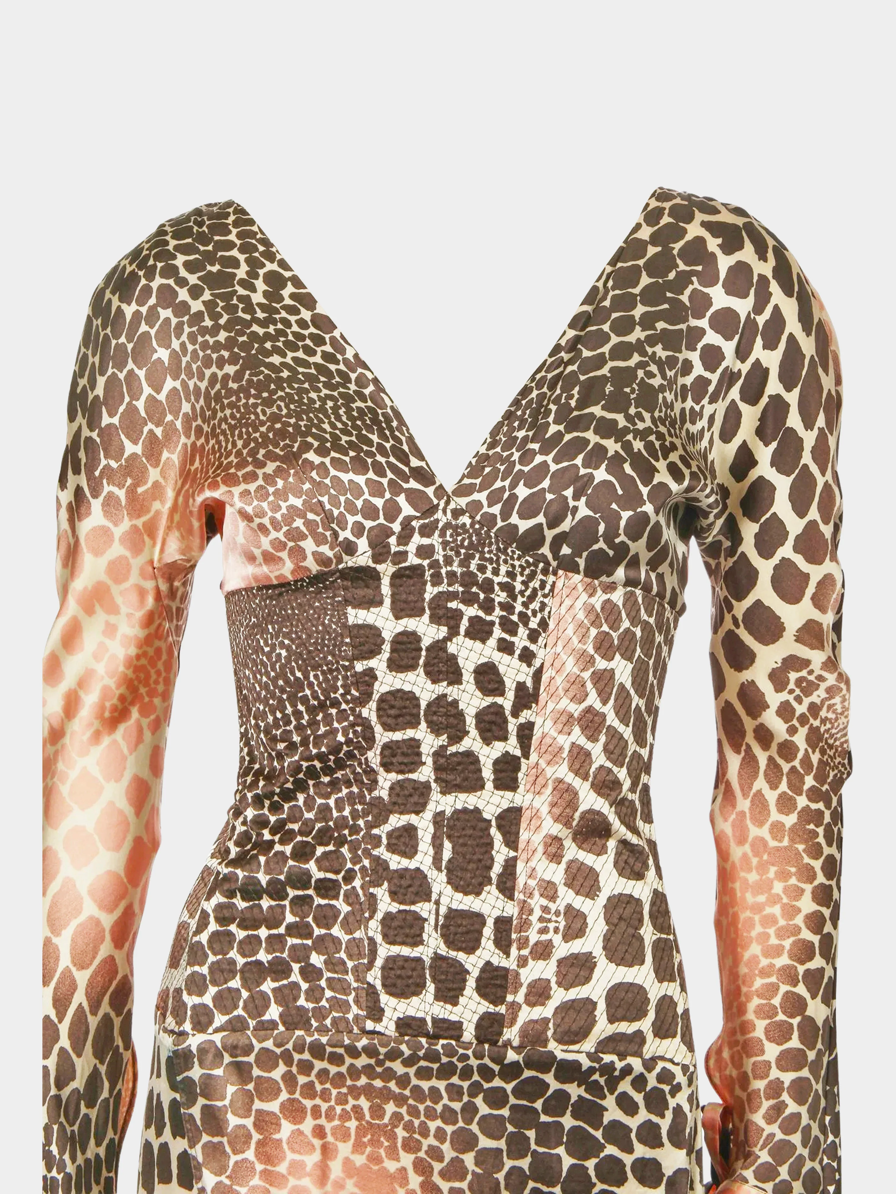 Roberto Cavalli SS 2004 Pink and Brown Silk Giraffe Print Corset Dress - Image 3