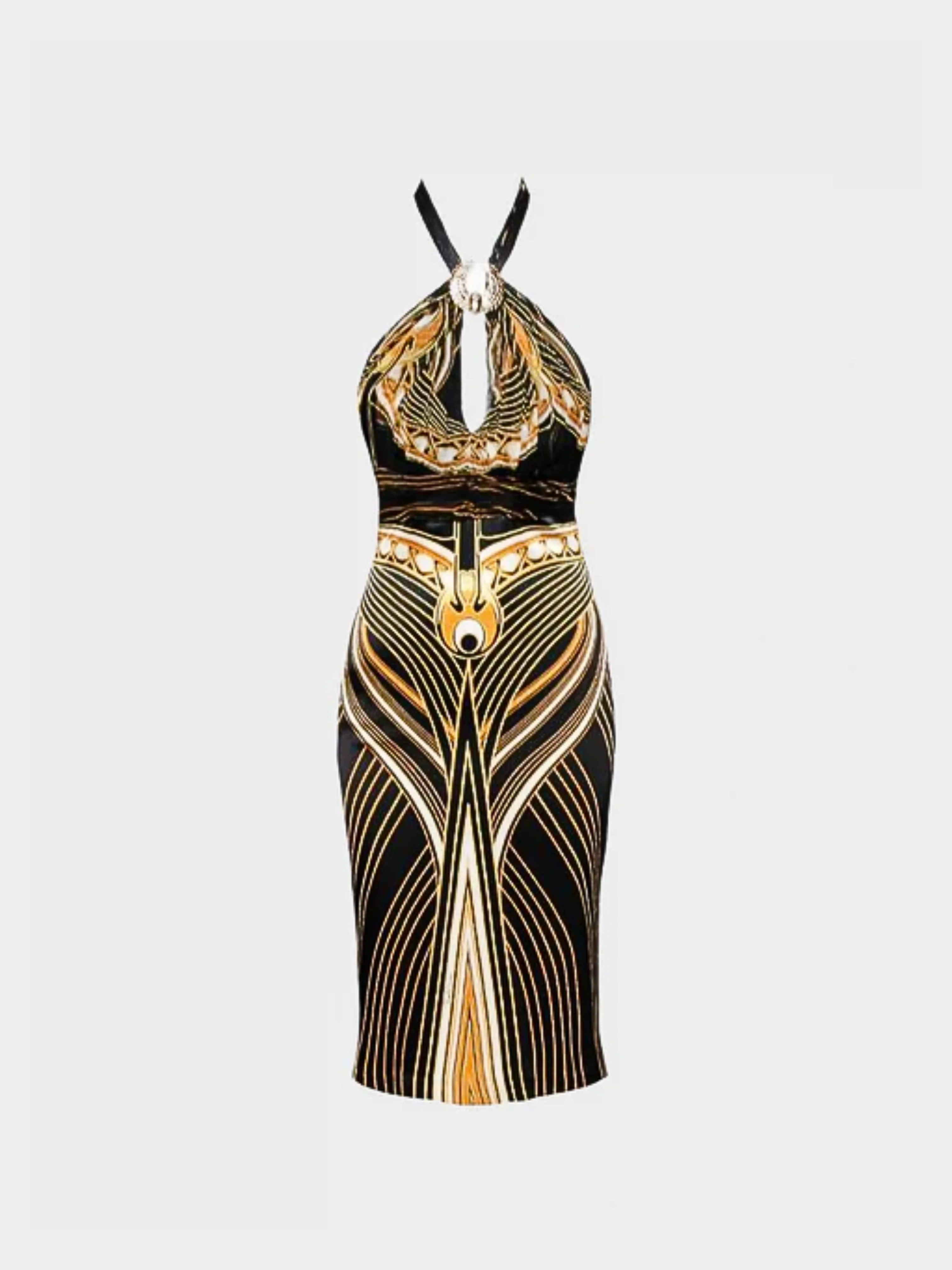 Roberto Cavalli SS 2007 Black and Gold Egyptian Silk Midi Dress