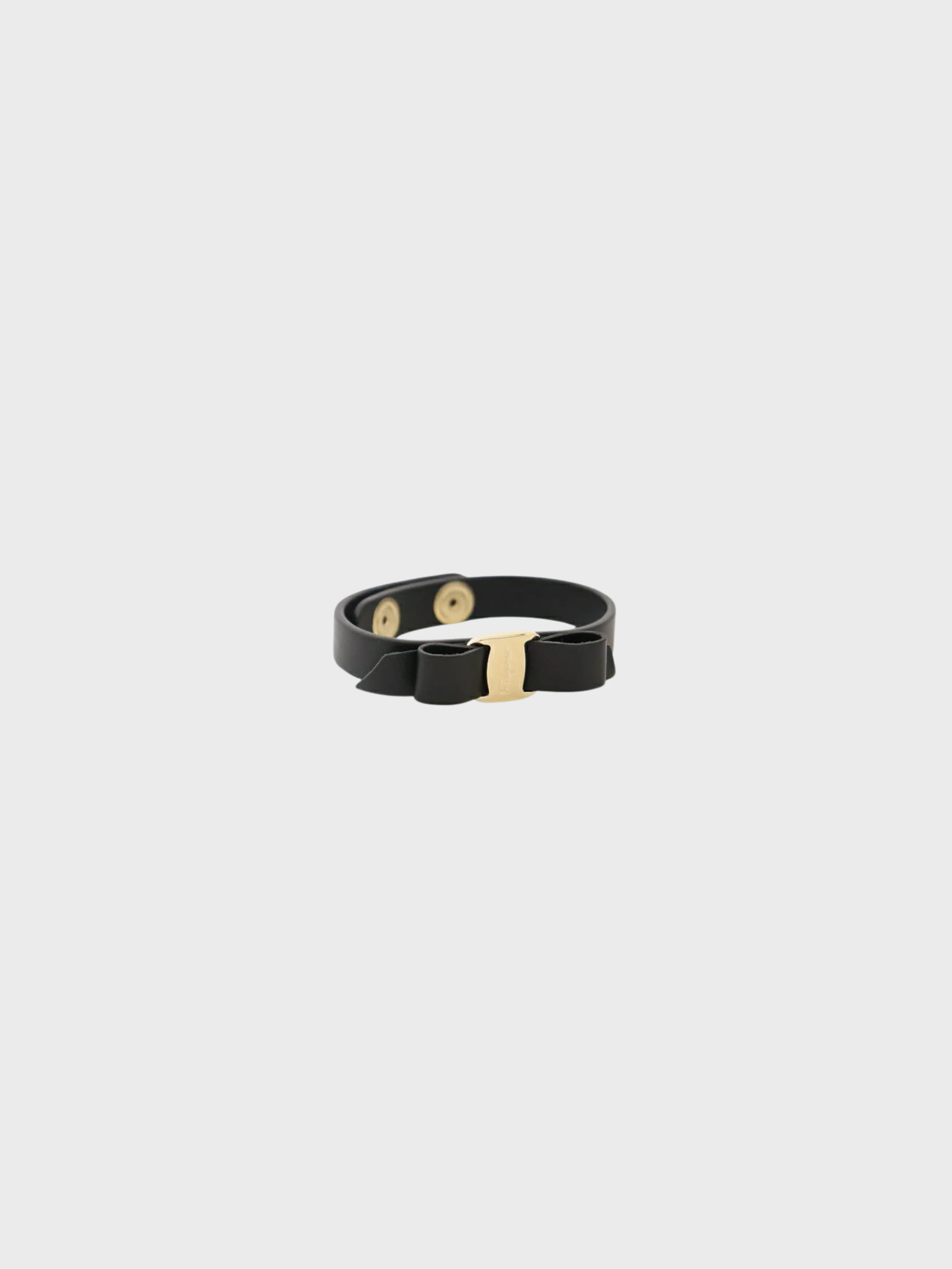 Salvatore Ferragamo 2000s Black Leather Gold Vara Ribbon Bracelet