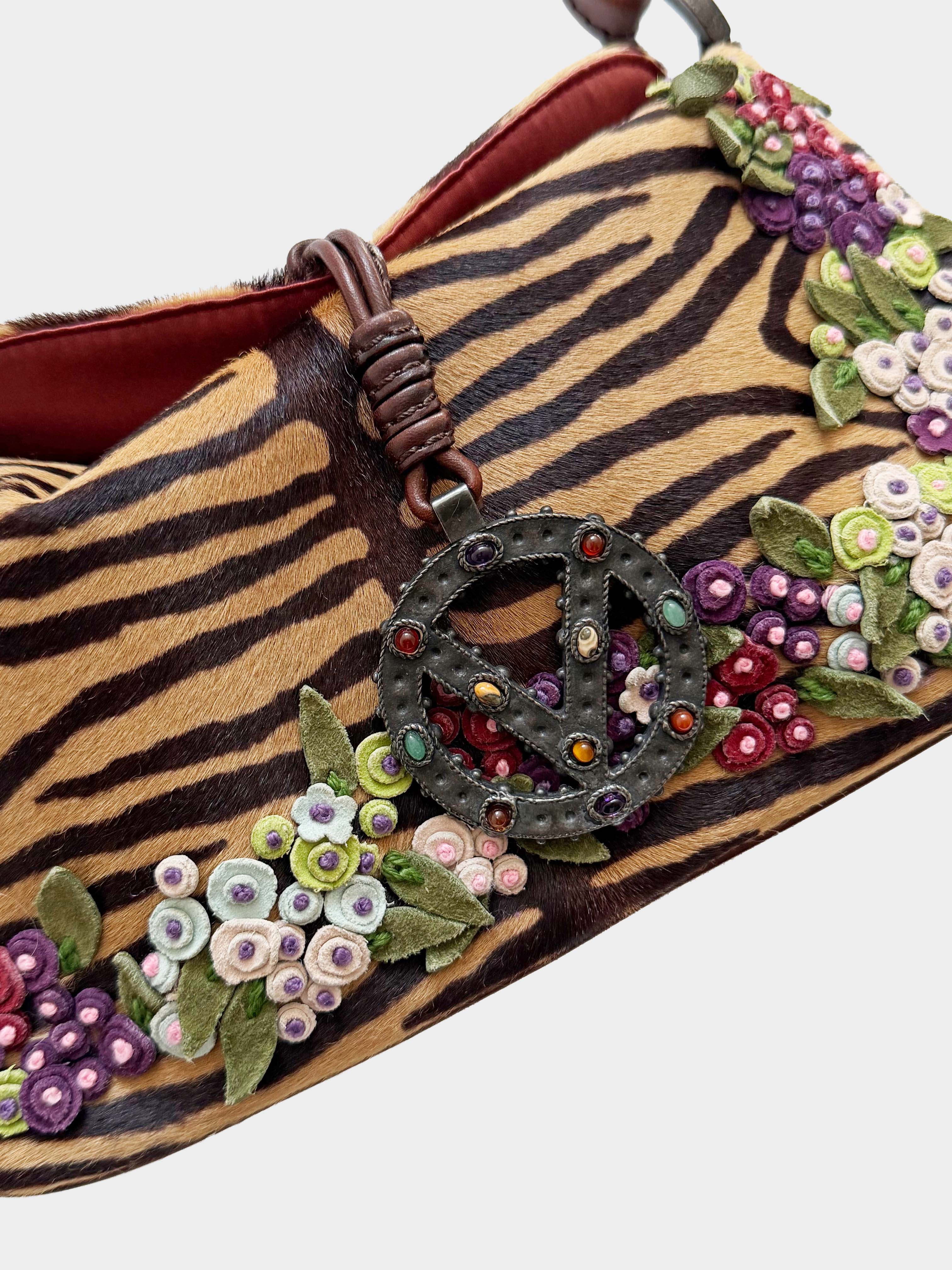 Valentino 2000s Zebra Print Ponyhair and Calfskin Floral-detailed Shoulder Bag - Image 3