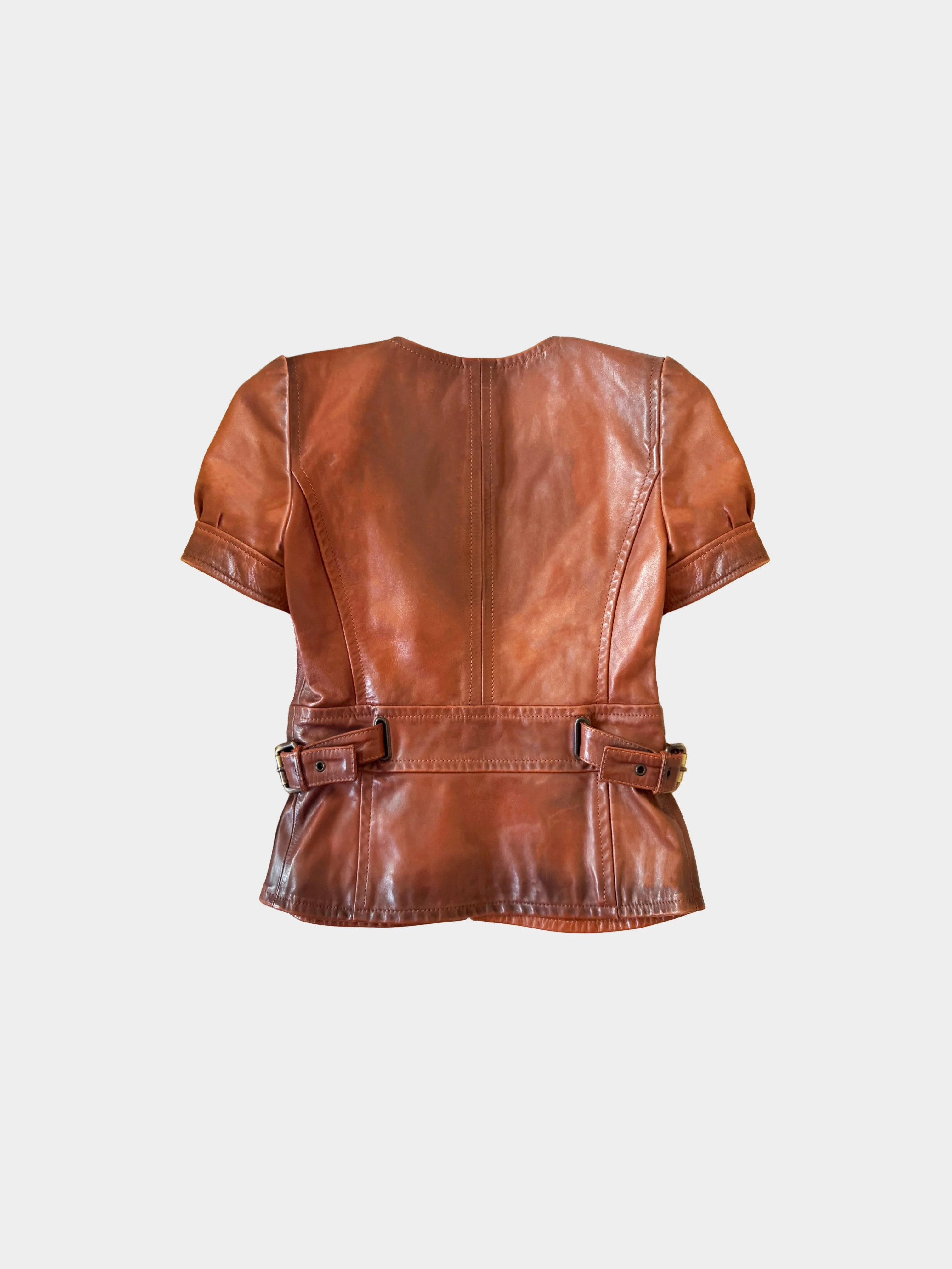 Valentino 2010s Brown Lambskin Leather Puff Sleeve Zip Jacket with Belt - Image 2