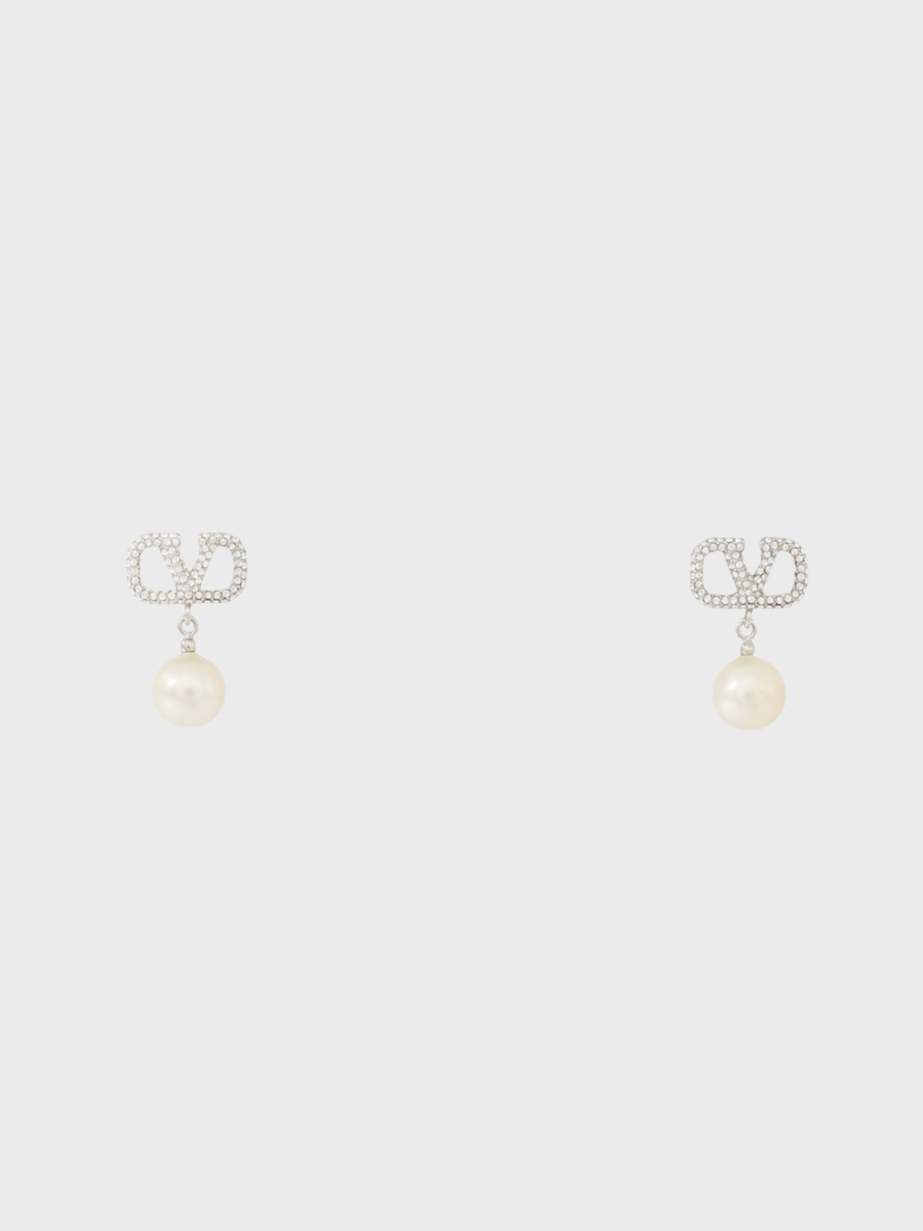 Valentino 2010s Silver Plated Metal V Logo Rhinestone Pearl Earrings