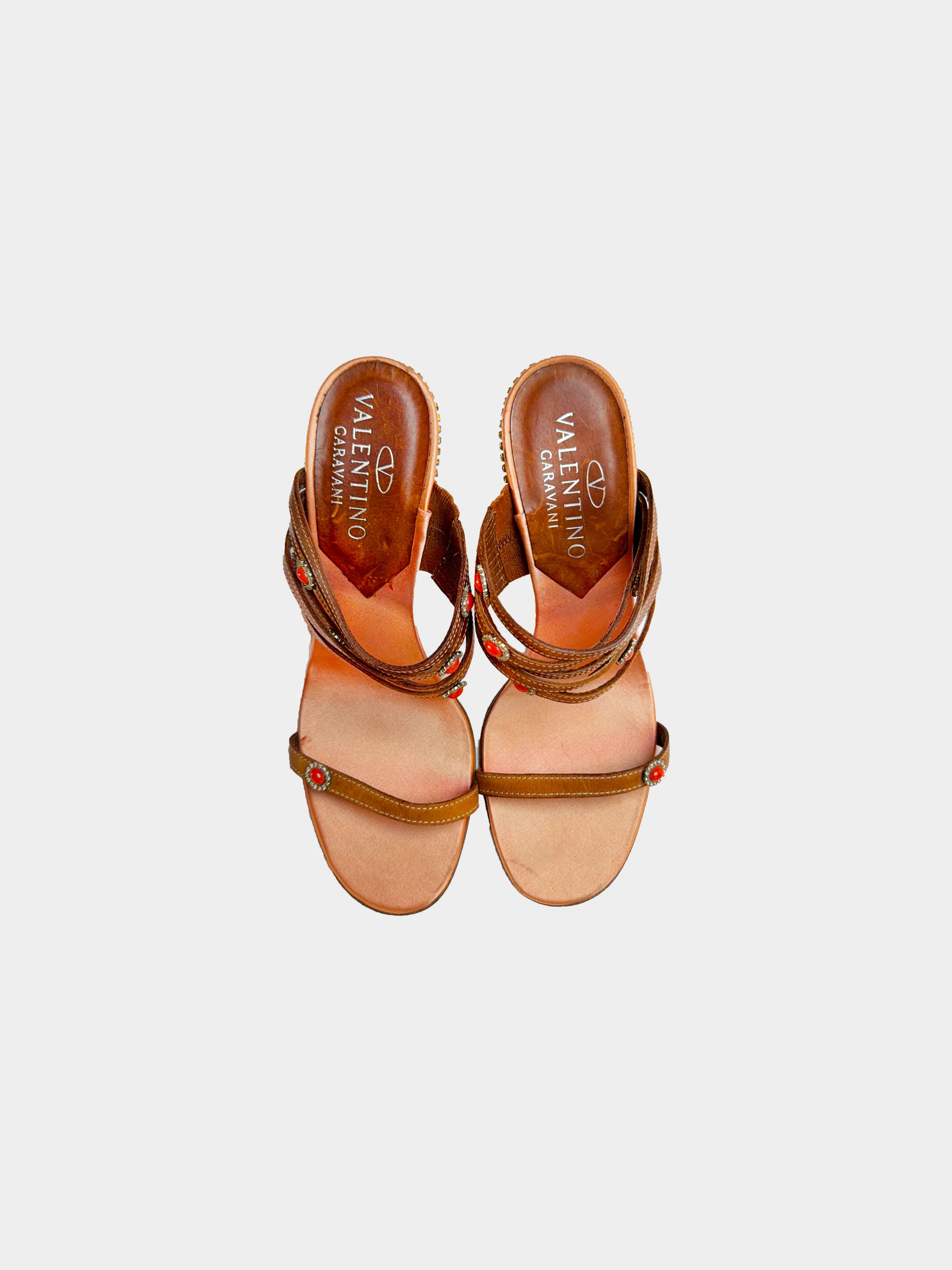 Valentino SS 2002 Runway Coral and Brown Satin Leather Strappy Rhinestone Detail Heels - Image 2