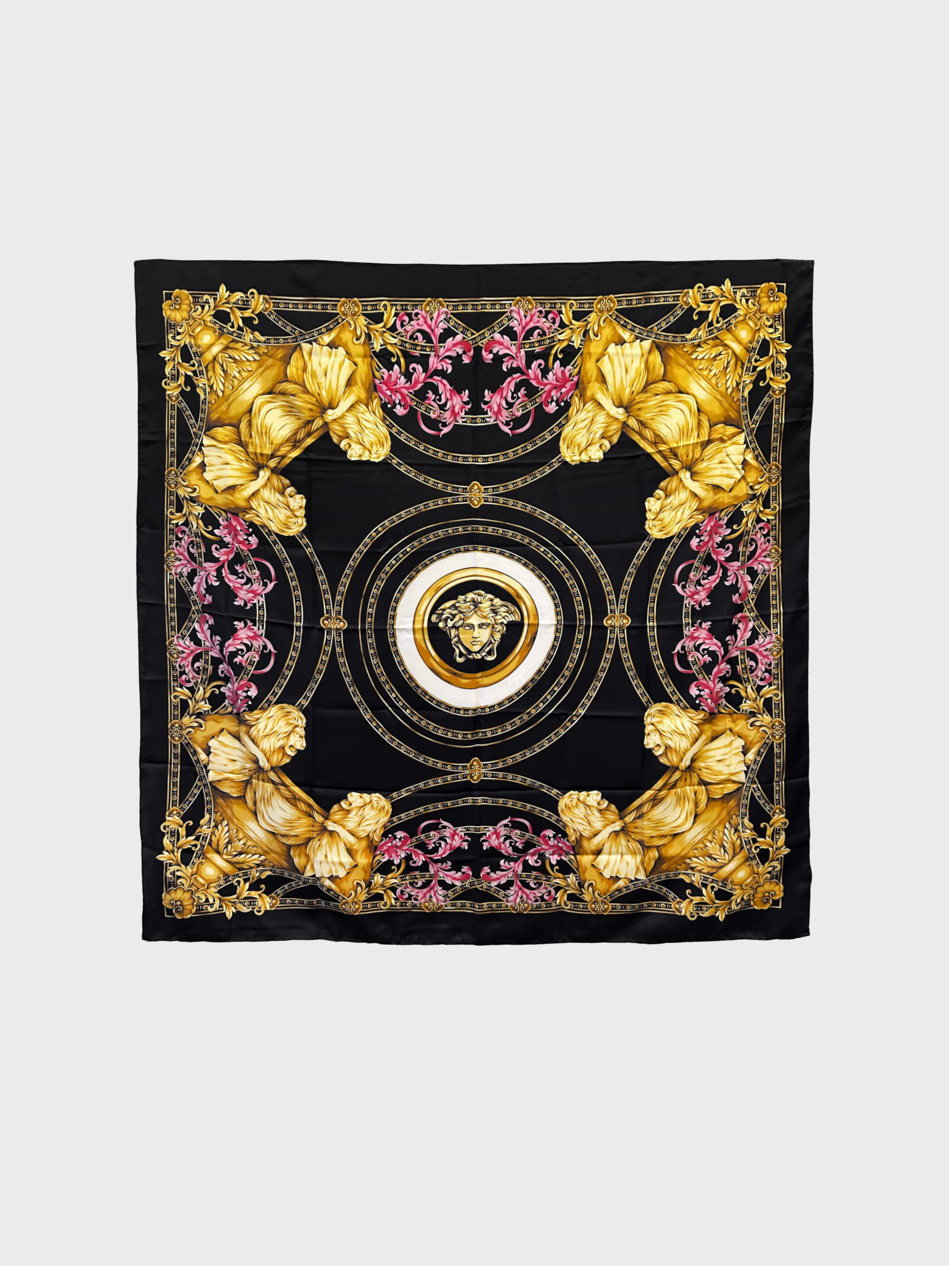 Versace 1990s Black Silk Lion Print Scarf